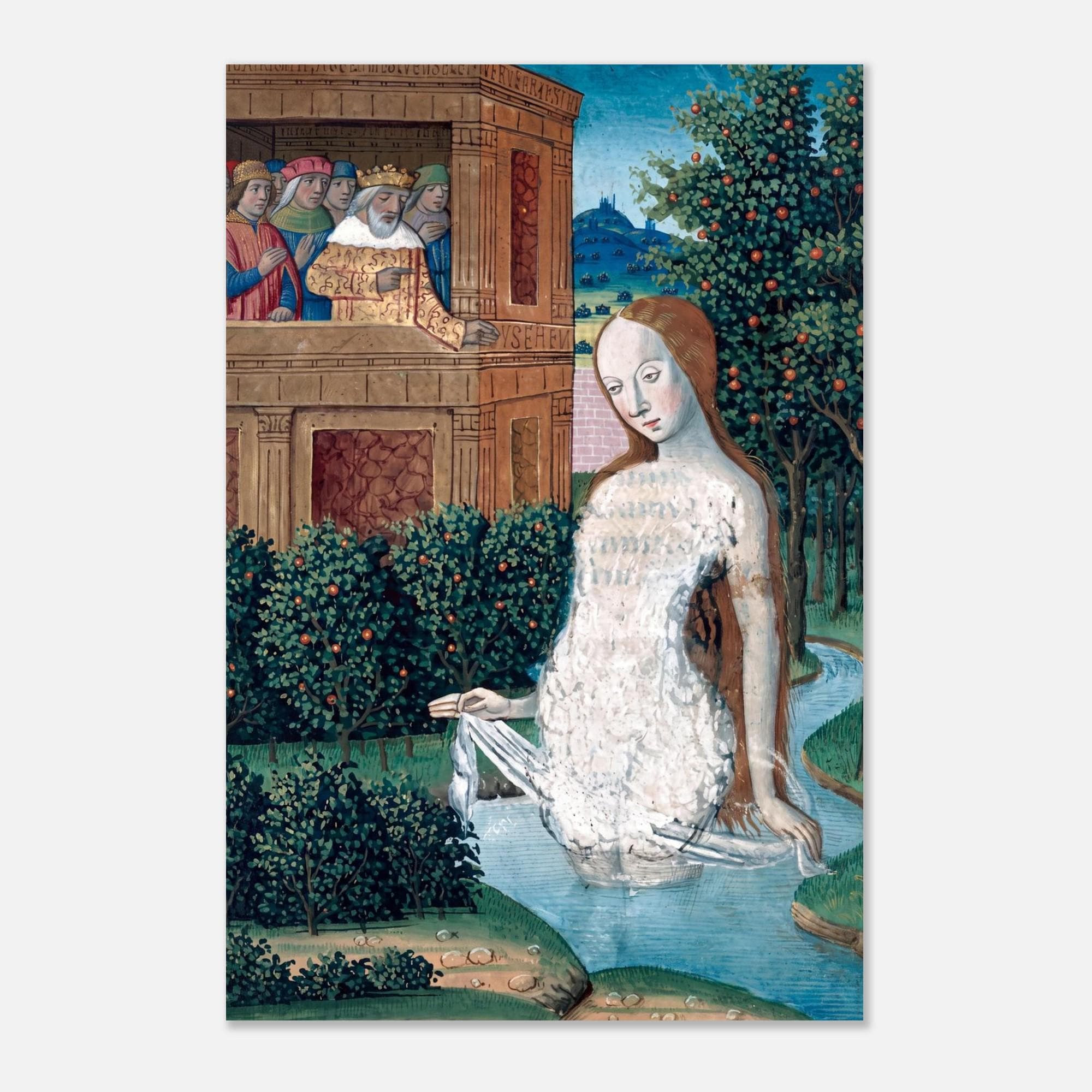 Antique Medieval Illuminated Manuscript Print David and Bathsheba Gothic Wall Art Vintage French Miniature Dark Academia Moody