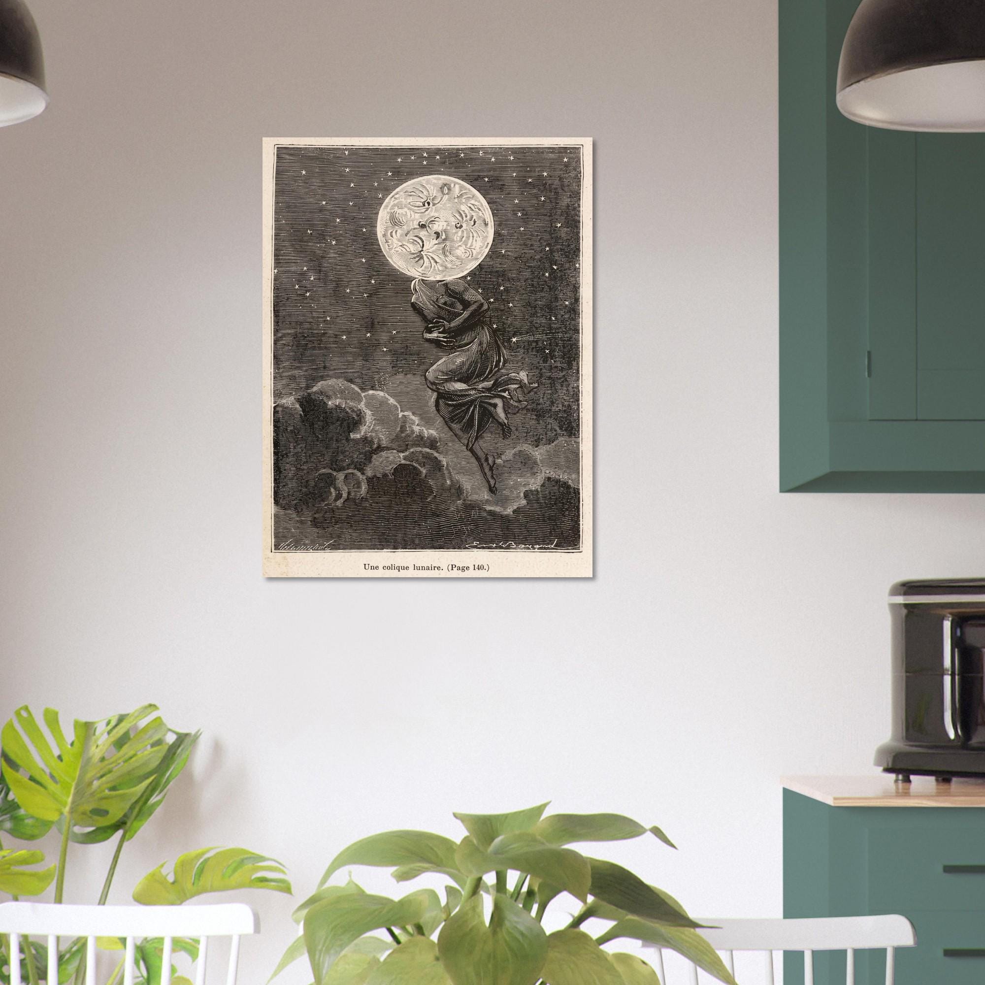 Vintage Moon Illustration Space Wall Art Print Retro Celestial Astronomy Poster Antique Victorian Etching Dark Academia Moody