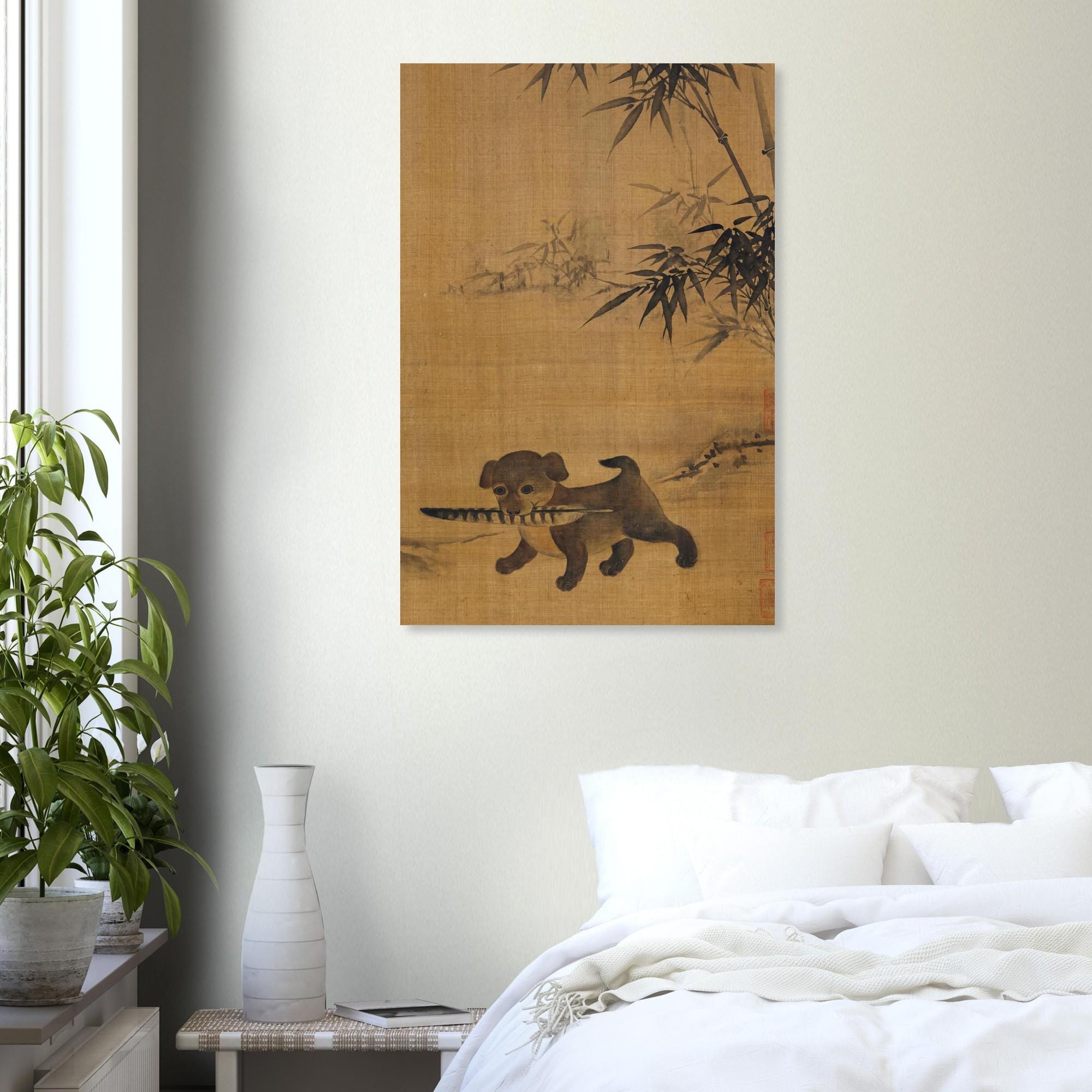 Adorable Puppy with Pheasant Feather Art Print | Vintage Korean Joseon Dynasty Wall Art | Traditional Asian Ink Painting Decor