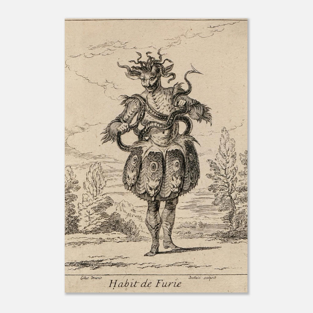 Antique Fury Costume Print 18th Century French Grotesque Engraving Mythological Macabre Wall Art Decor Dark Fantasy & Macabre 46094
