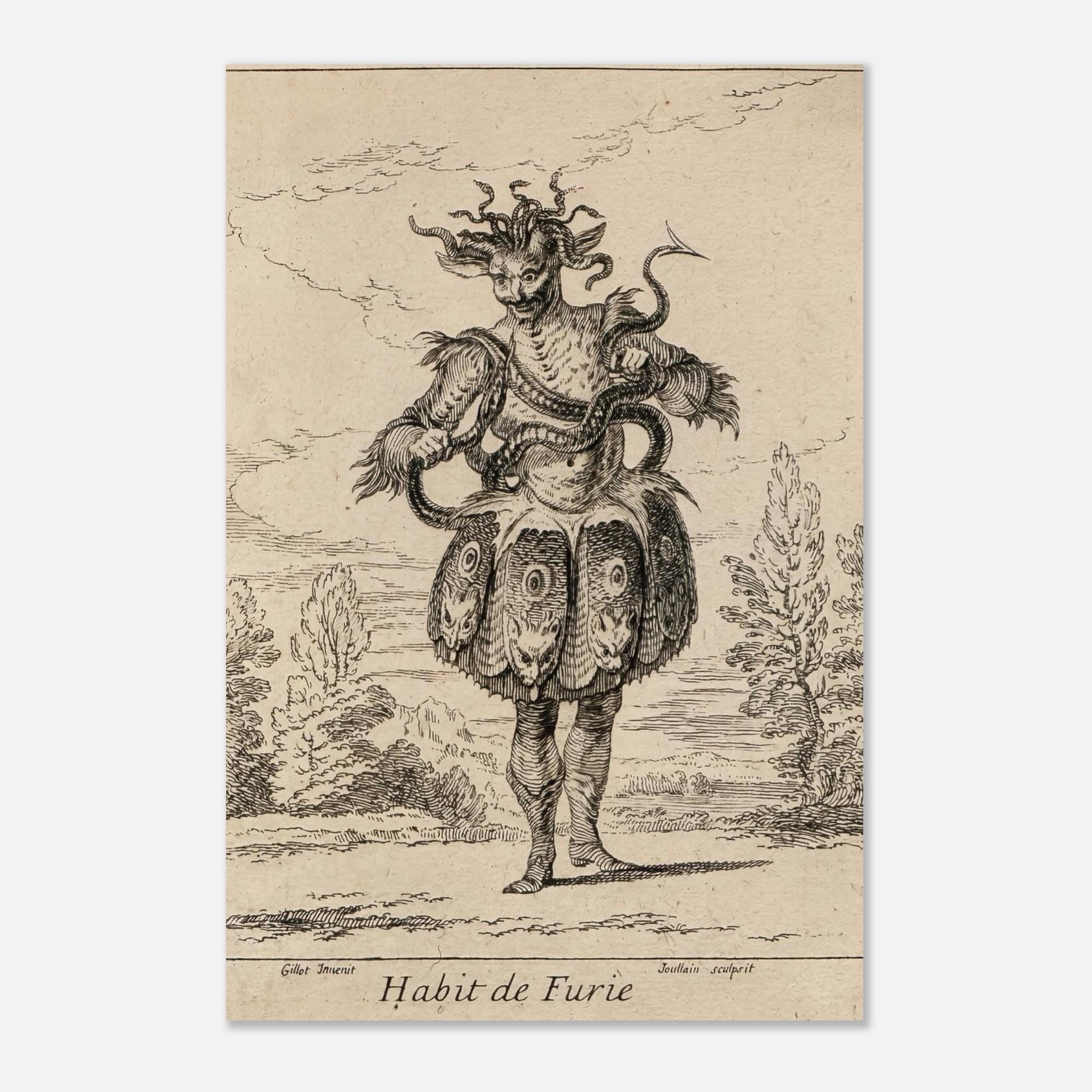 Antique Fury Costume Print 18th Century French Grotesque Engraving Mythological Macabre Wall Art Decor Dark Fantasy & Macabre 46094