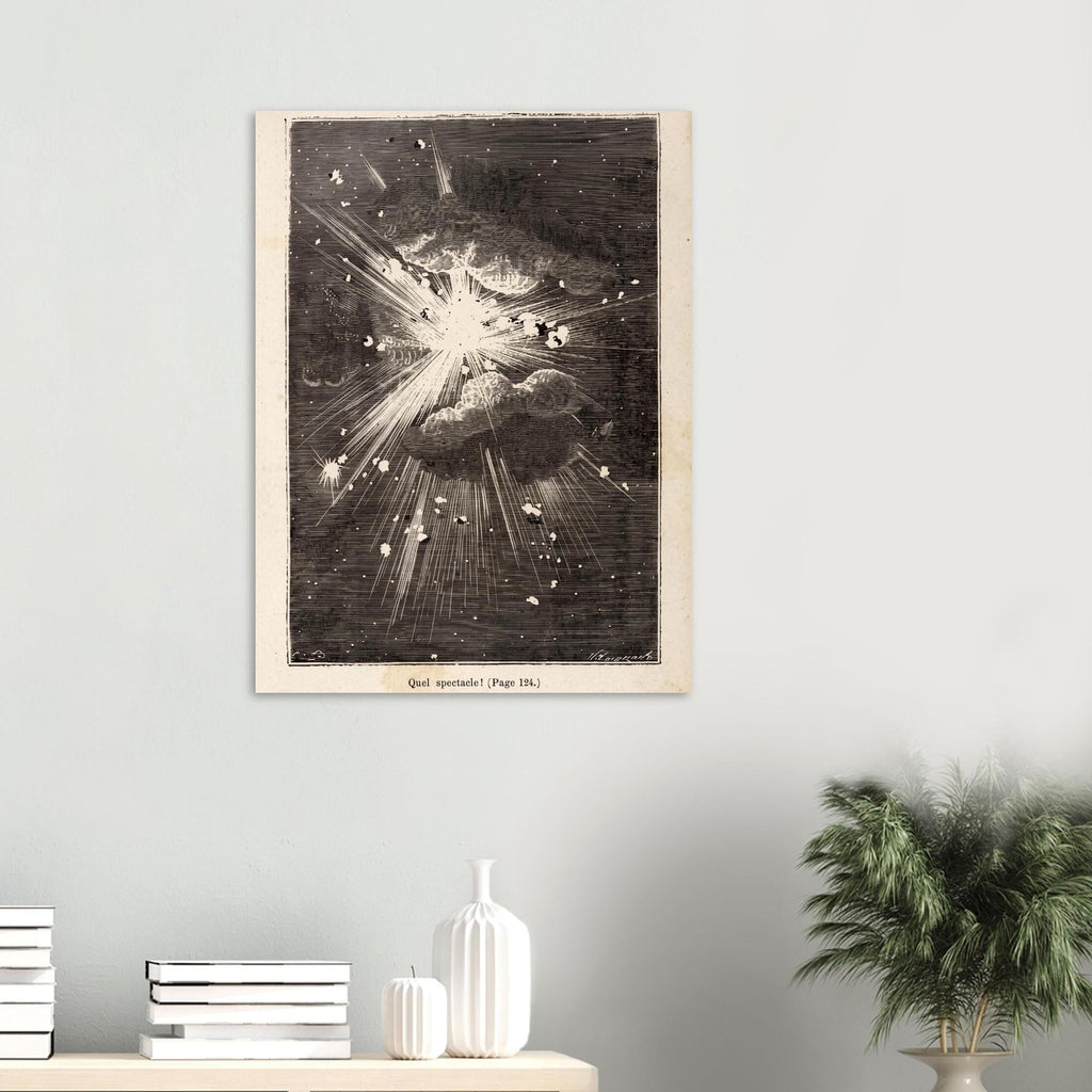 Vintage Jules Verne Space Explosion Print Antique Astronomy Woodcut Poster Sci Fi Outer Space Engraving Dark Academia Moody