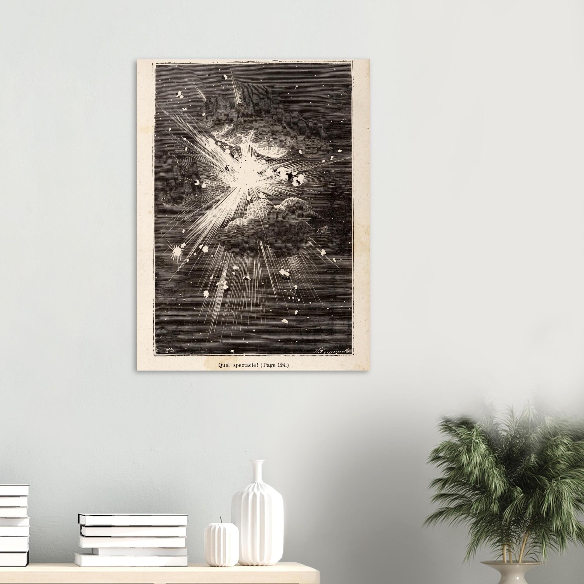 Vintage Jules Verne Space Explosion Print Antique Astronomy Woodcut Poster Sci Fi Outer Space Engraving Dark Academia Moody