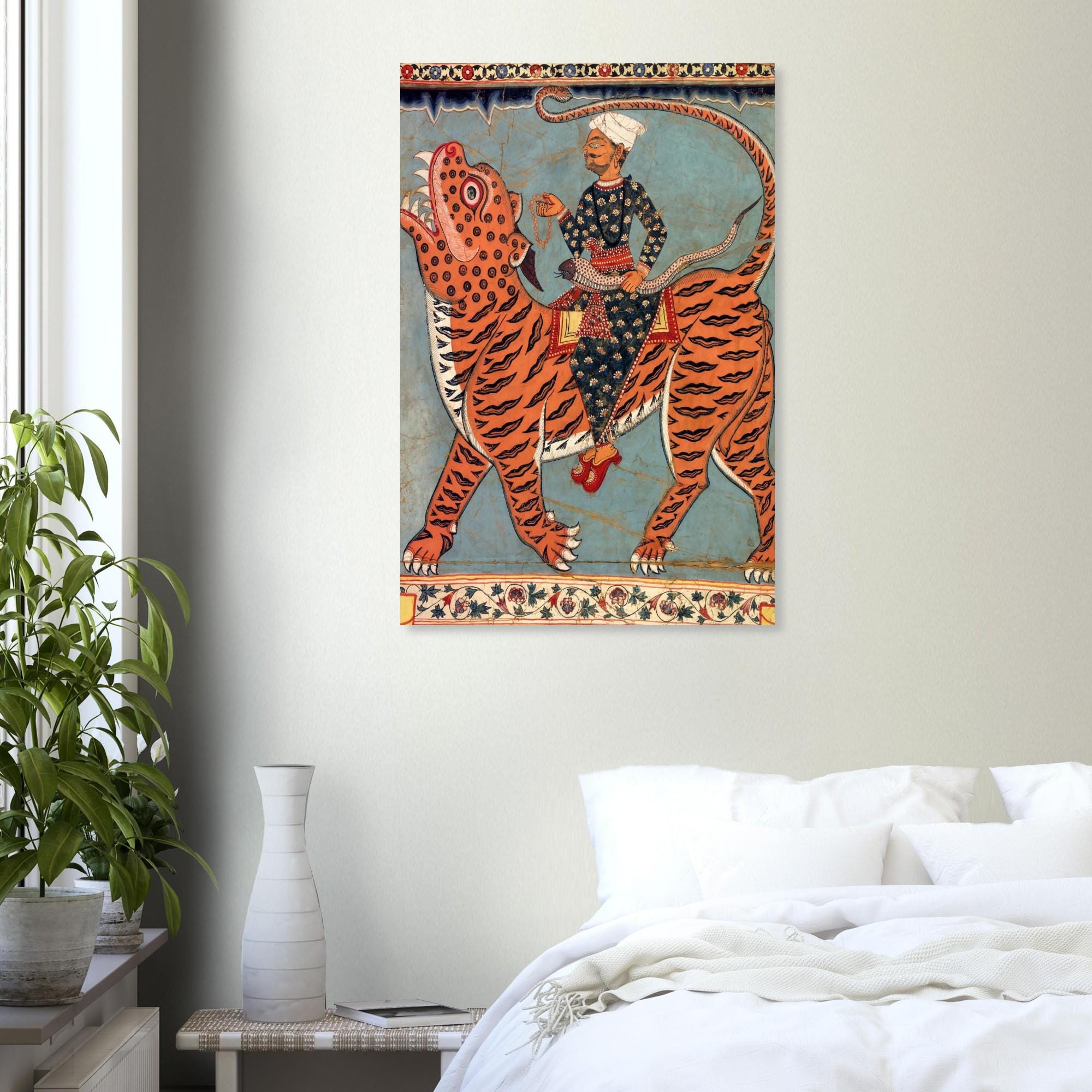 Vintage Indian Folk Art Print | Gazi Pir Riding Tiger with Snake Whip Wall Art | Antique Bengal Scroll Painting | Ethnic Home Decor