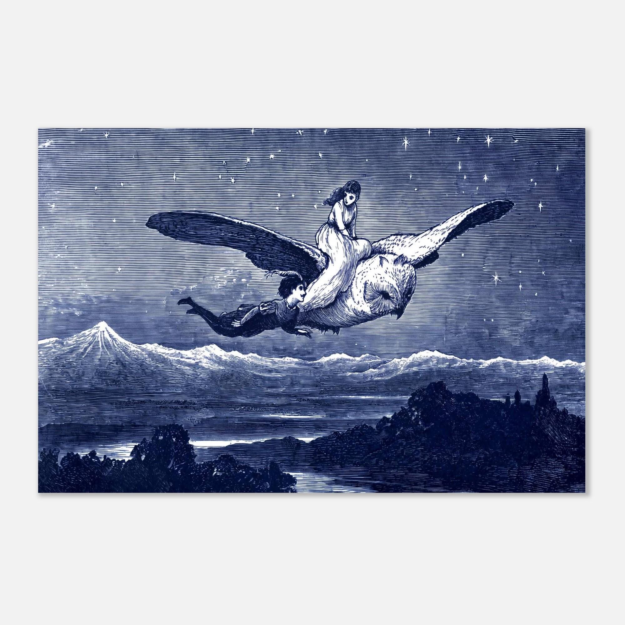 Antique Giant Owl Flight Engraving Victorian Fairy Tale Illustration Starry Night Sky Wall Decor Print Dark Academia and Moody