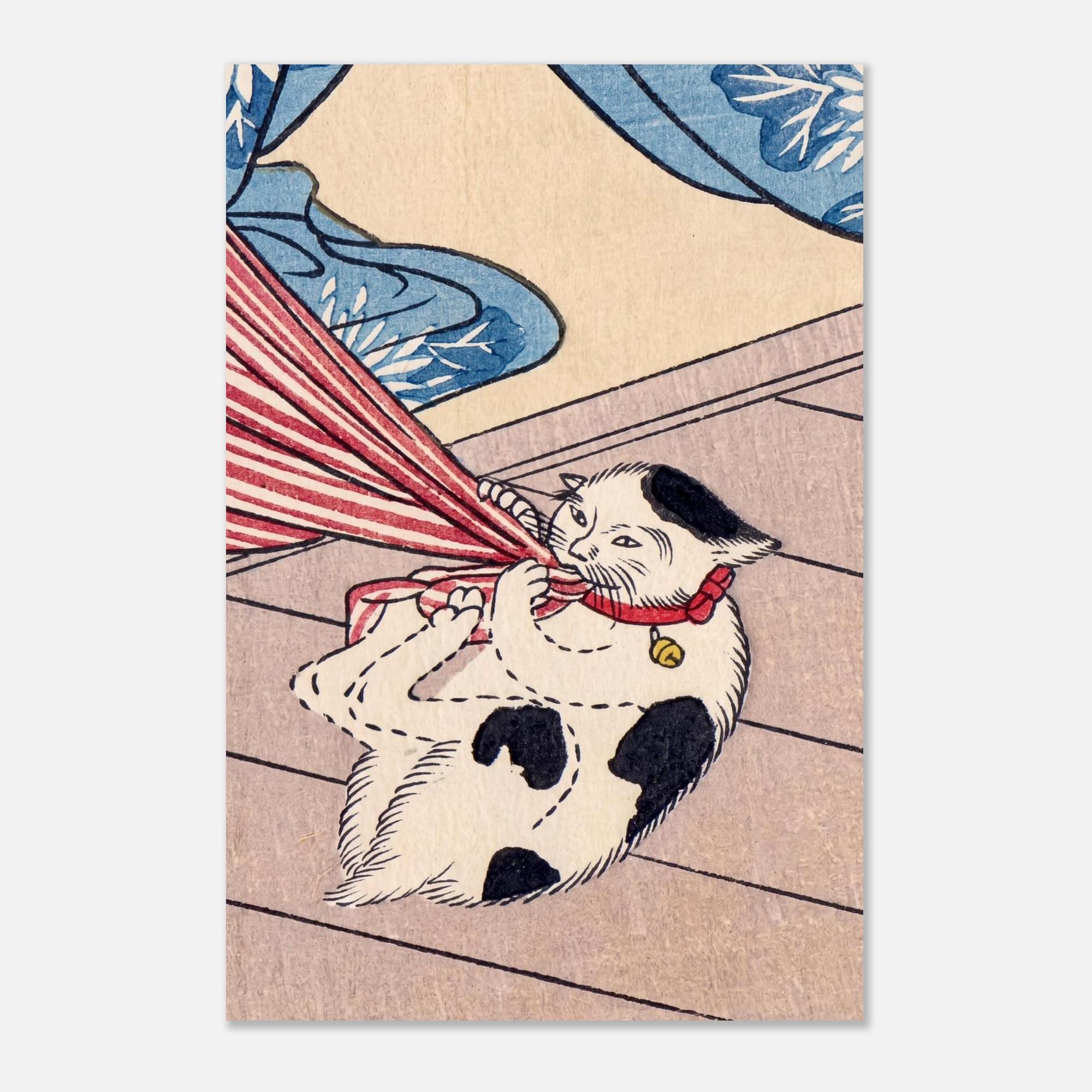 Japanese Cat Woodblock Print Kuniyoshi Wall Art Mischievous Calico Cat Biting Umbrella Vintage Asian Decor Woodblock Asian Art