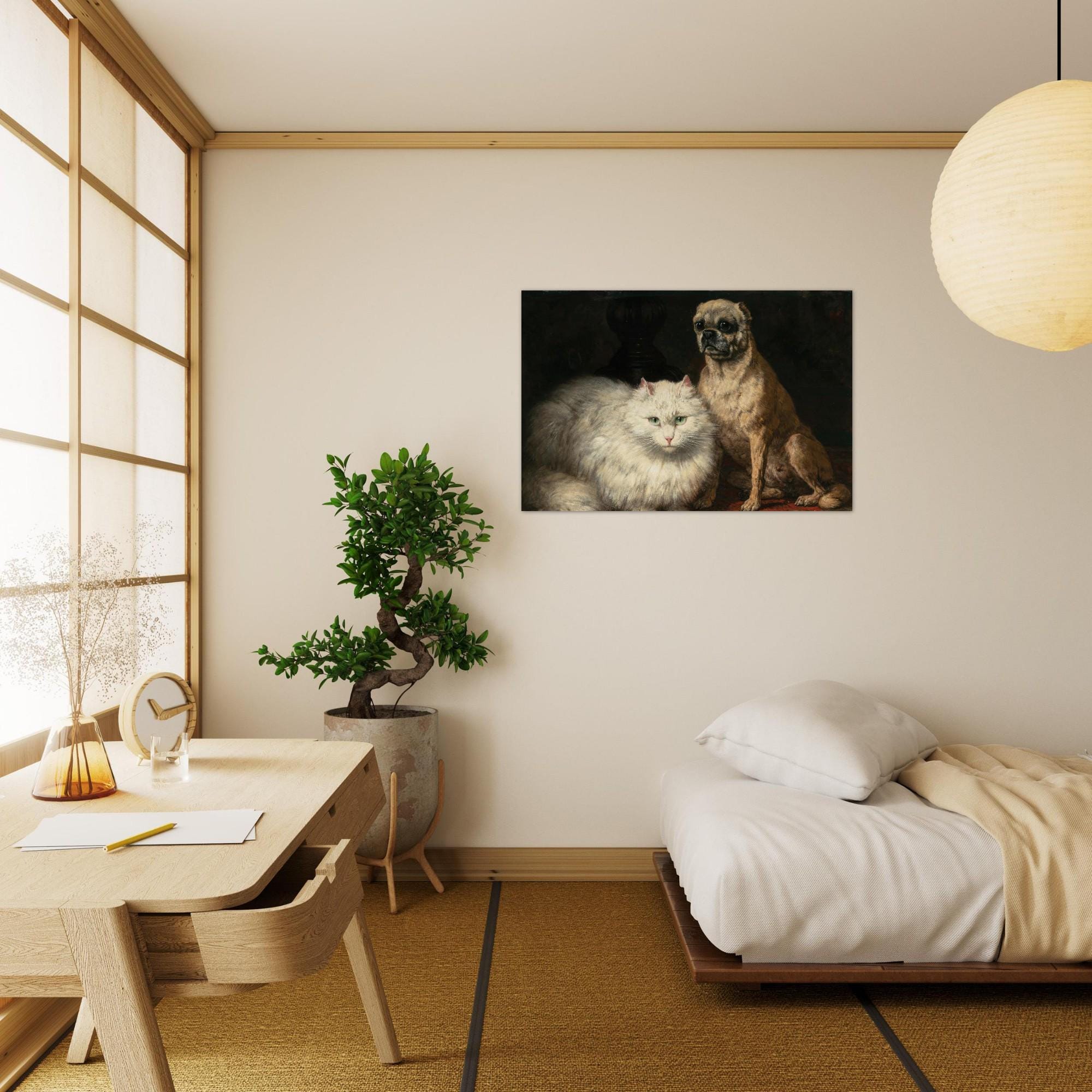 Henriette Ronner Knip Two Friends Cat and Pug Art Print Vintage Moody Animal Portrait Unframed Wall Decor Dark Academia Moody