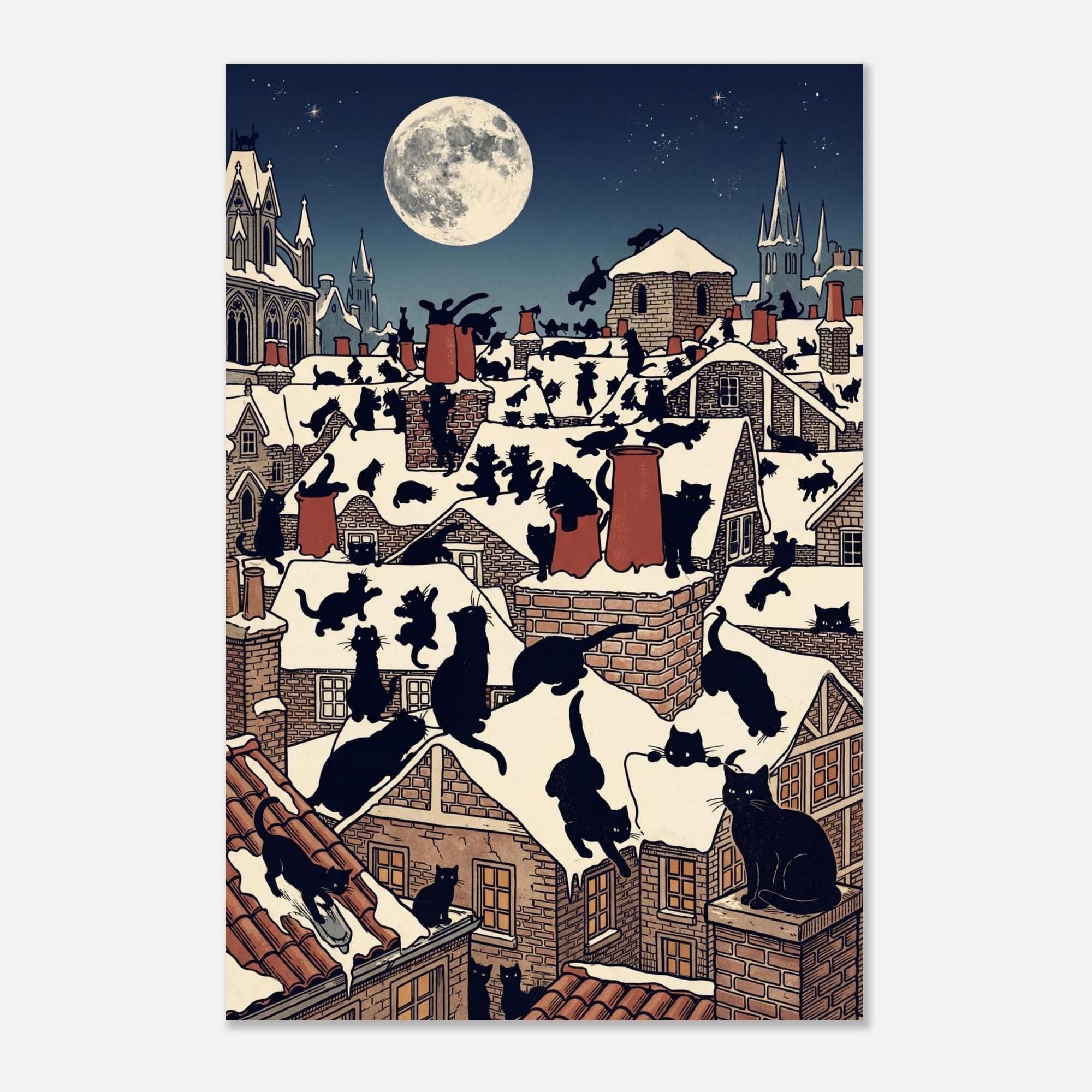 Vintage Black Cat Art Print Edwardian Rooftop Snowy Night Illustration Antique Christmas Feline Decor Art Nouveau & Vintage