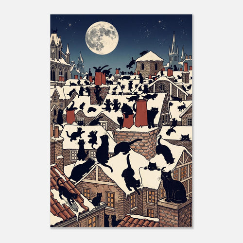 Vintage Black Cat Art Print Edwardian Rooftop Snowy Night Illustration Antique Christmas Feline Decor Art Nouveau & Vintage