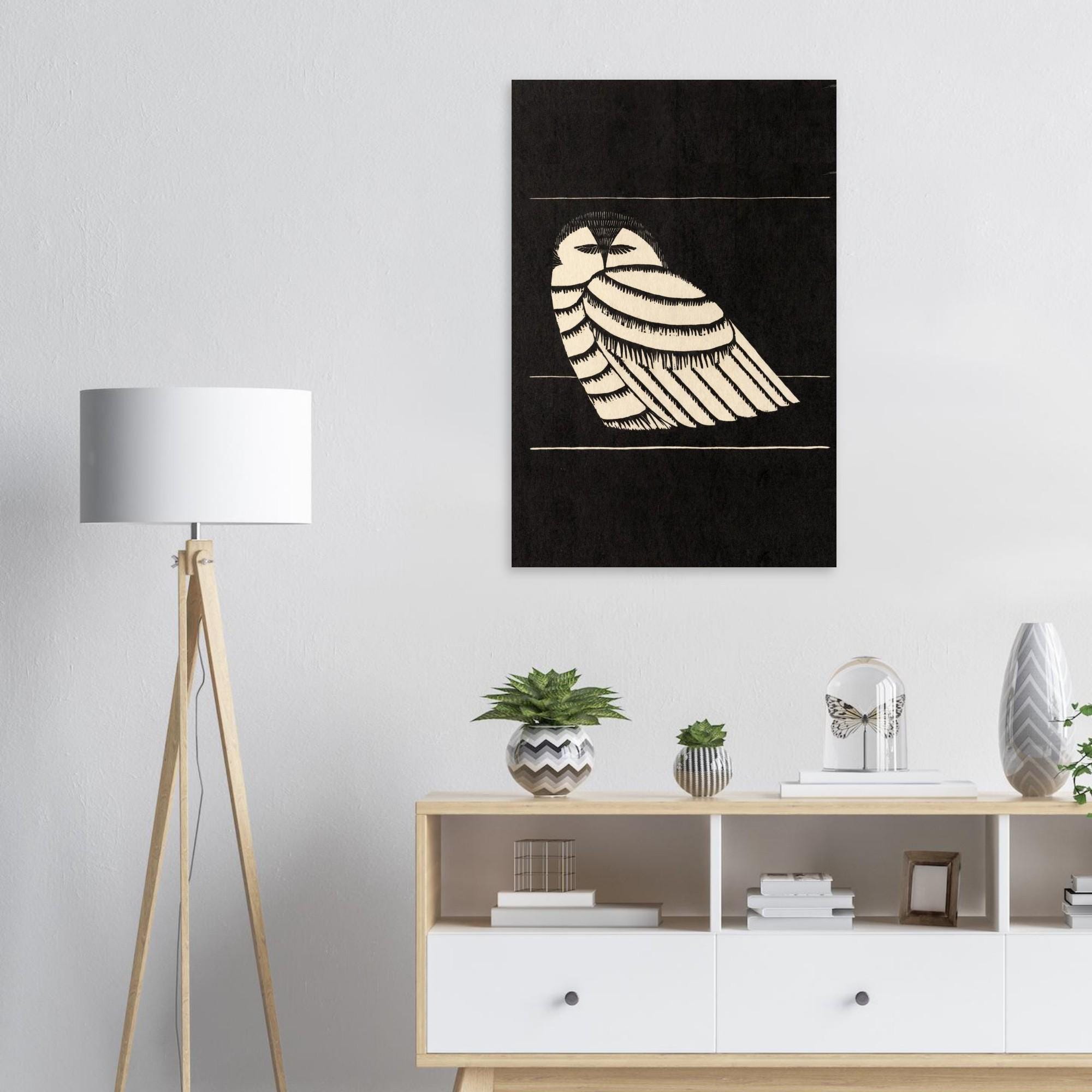 Samuel Jessurun de Mesquita Owl Woodcut Art Print | Minimalist Monochrome Bird Wall Decor | Vintage Mid Century Modernist Poster