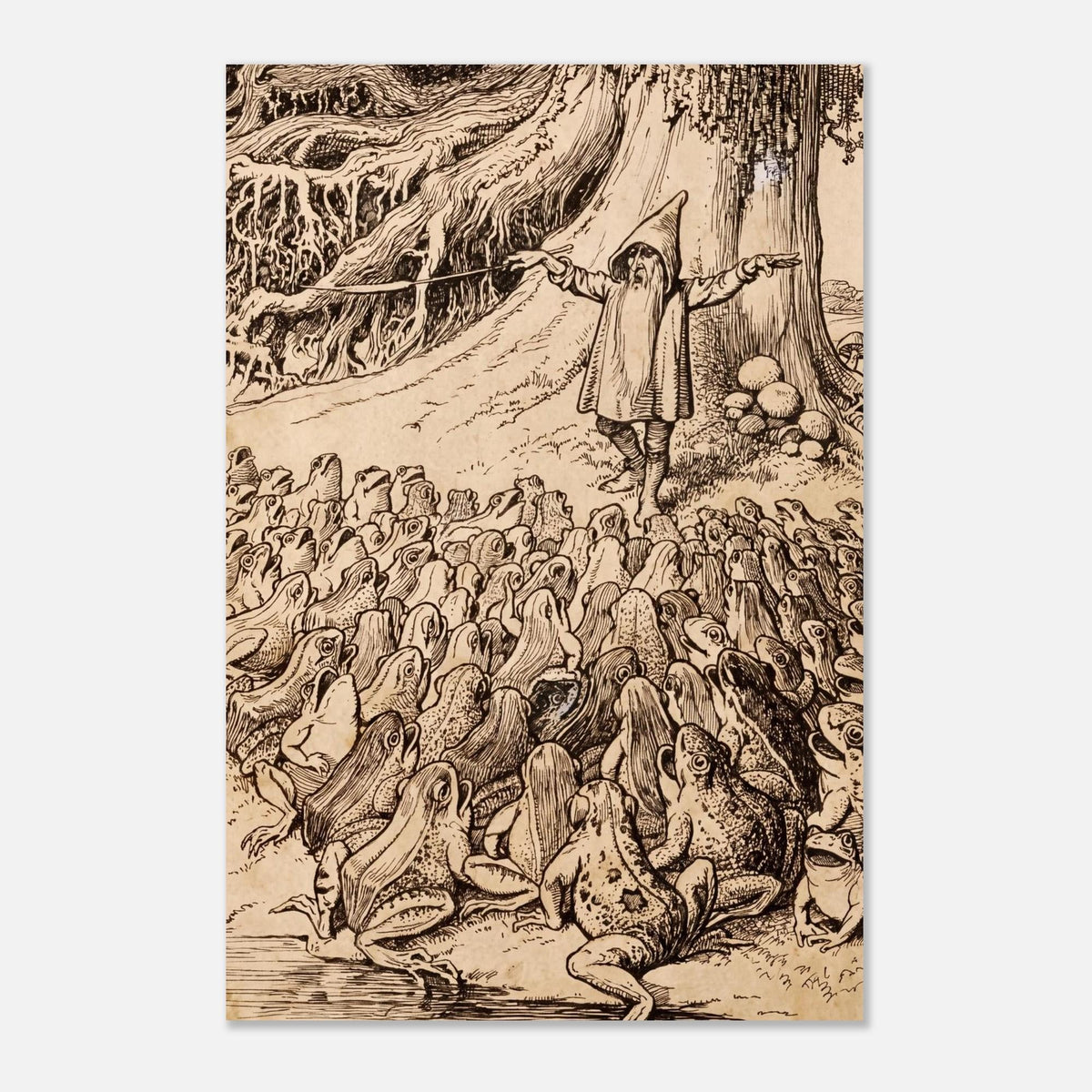 Antique Gnome Preaching To Frogs Art Print Heinrich Schlitt Vintage Fairy Tale Illustration Goblincore Decor Myth and Symbolism