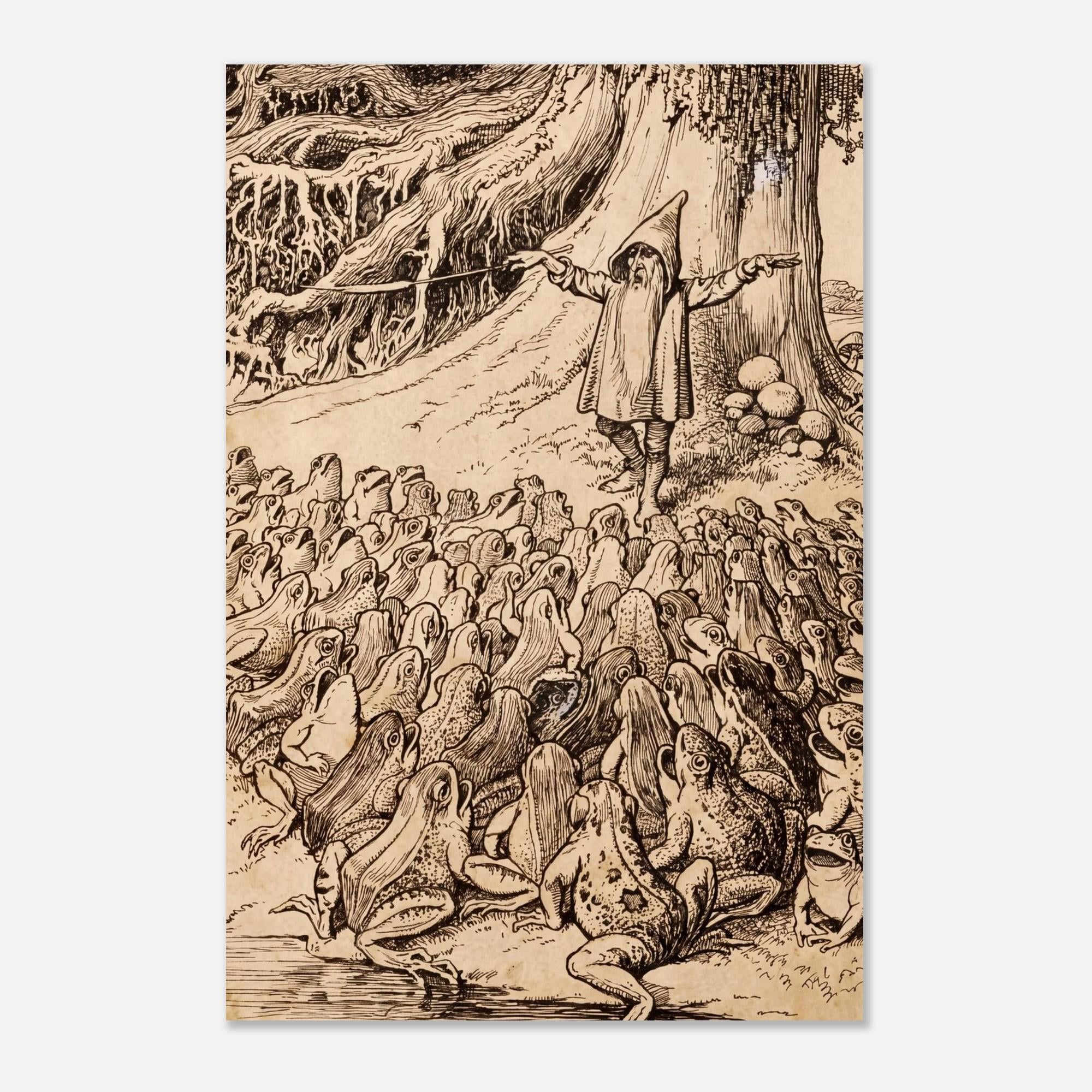 Antique Gnome Preaching To Frogs Art Print Heinrich Schlitt Vintage Fairy Tale Illustration Goblincore Decor Myth and Symbolism