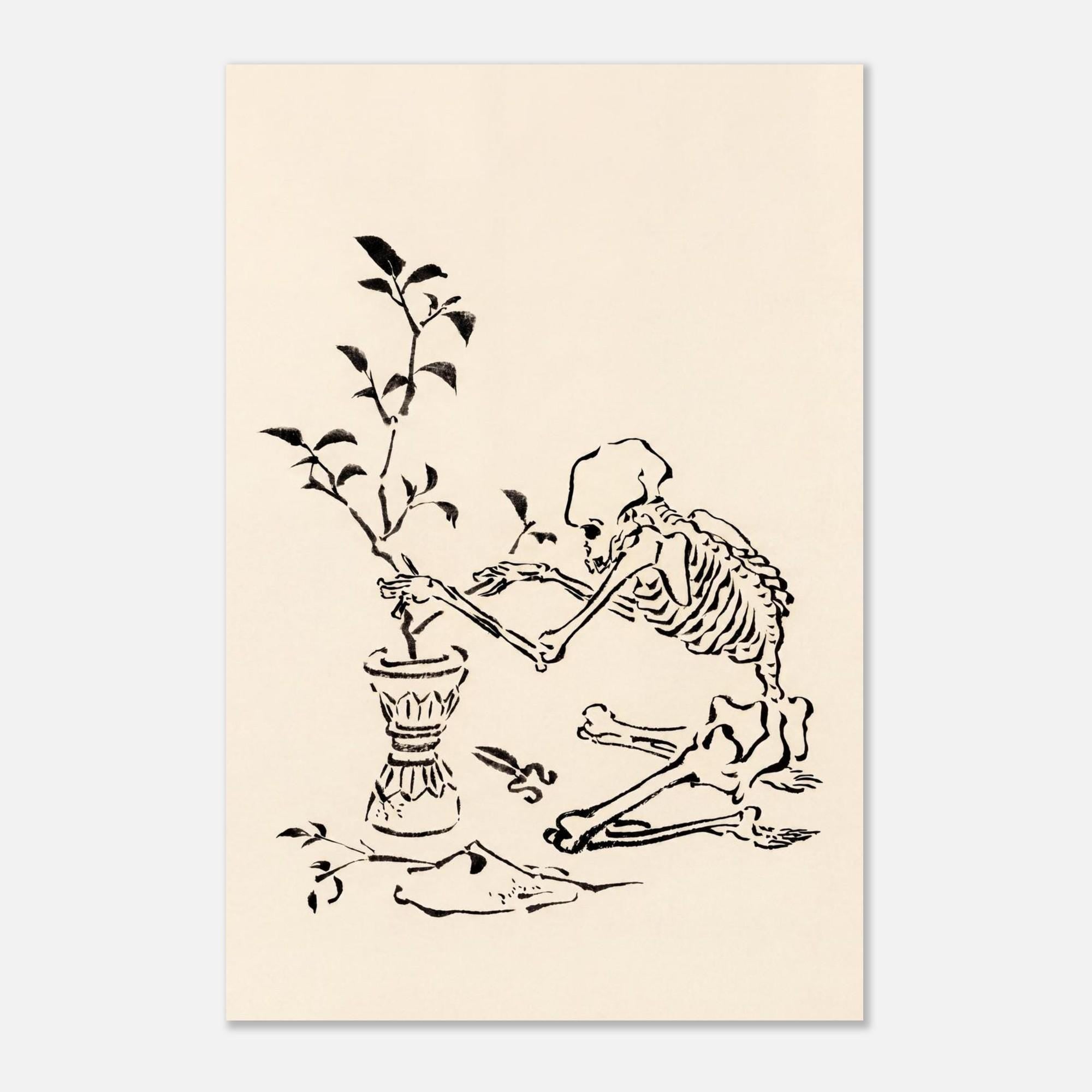 Kawanabe Kyosai Skeleton Pruning Plant Art Print | Japanese Sumi-e Ink Sketch | Vintage Gothic Wall Art | Macabre Home Decor Print