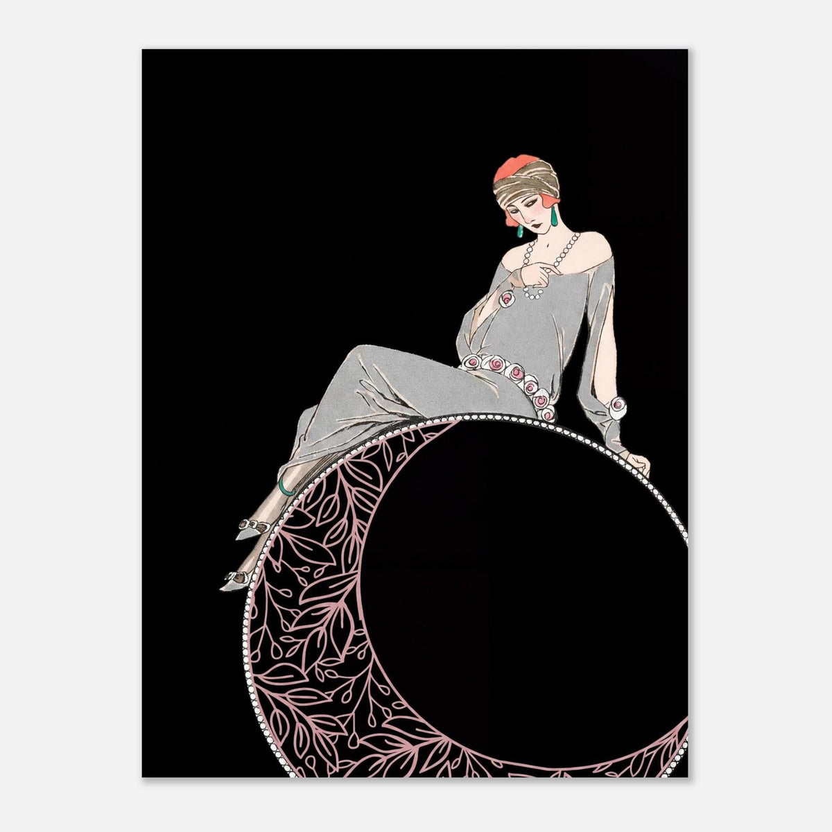 Antique George Barbier Art Deco Fashion Print 1920s Flapper Girl Sitting on Moon Vintage French Illustration Art Nouveau and Vintage