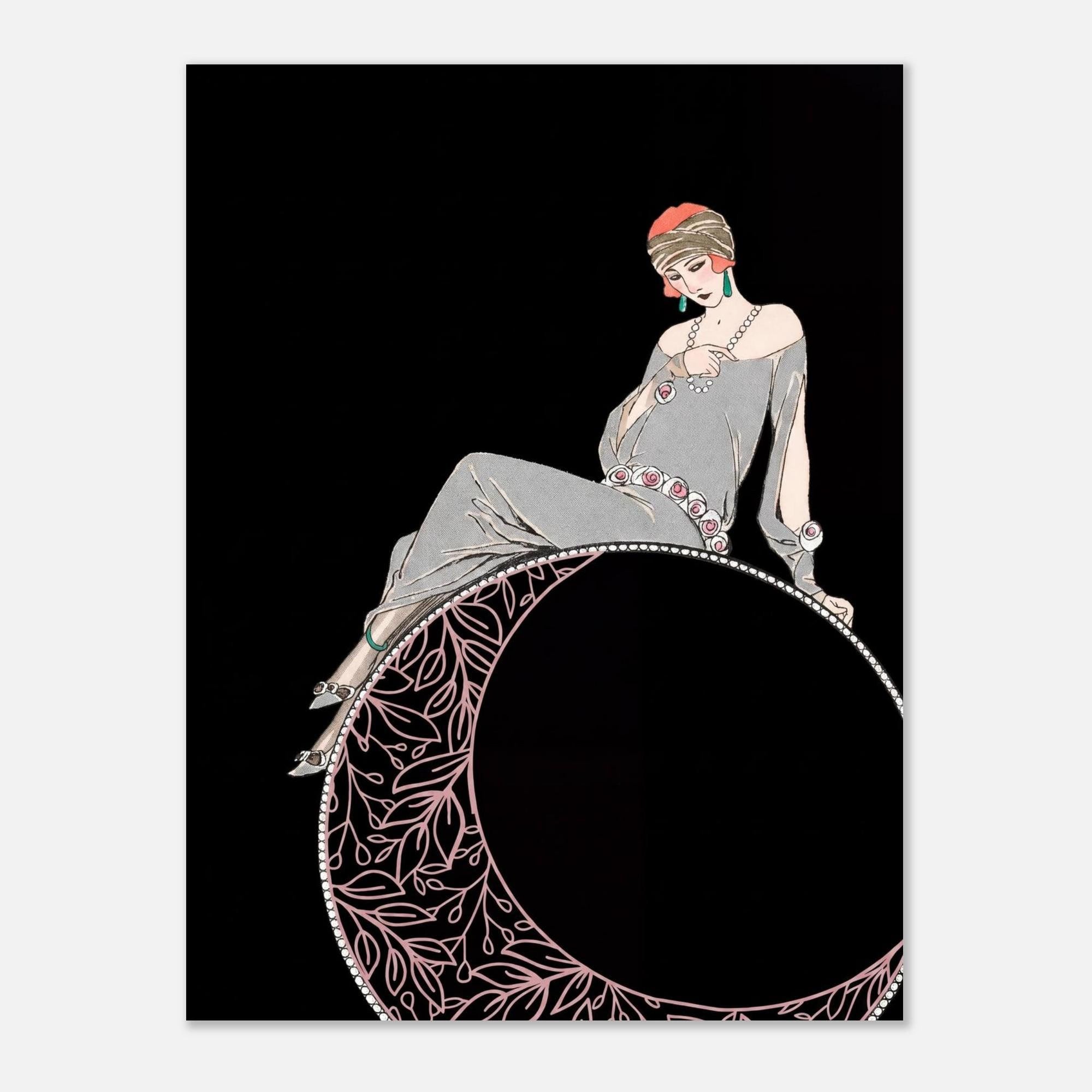 Antique George Barbier Art Deco Fashion Print 1920s Flapper Girl Sitting on Moon Vintage French Illustration Art Nouveau and Vintage