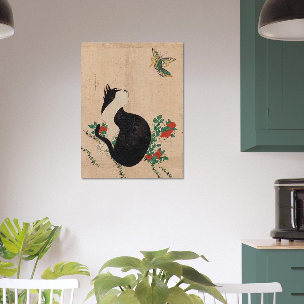 Korean Cat Painting Minhwa Print Asian Folk Art Black Cat Poster Cat Watching Butterfly Wall Art Woodblock And Asian Art Print