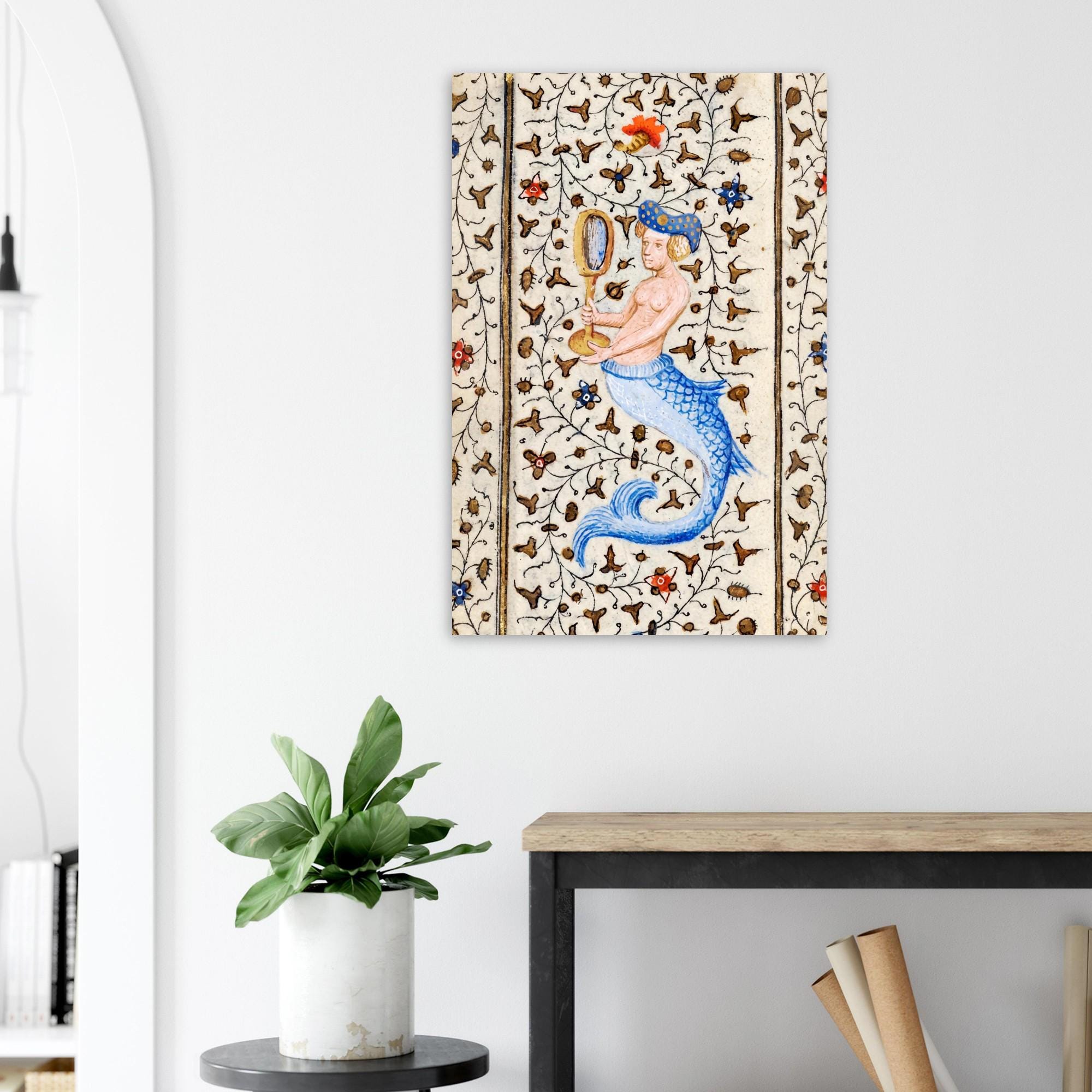 Medieval Mermaid Art Print Illuminated Manuscript Siren With Mirror Antique Mythological Creature Gothic Wall Decor Myth Symbolism