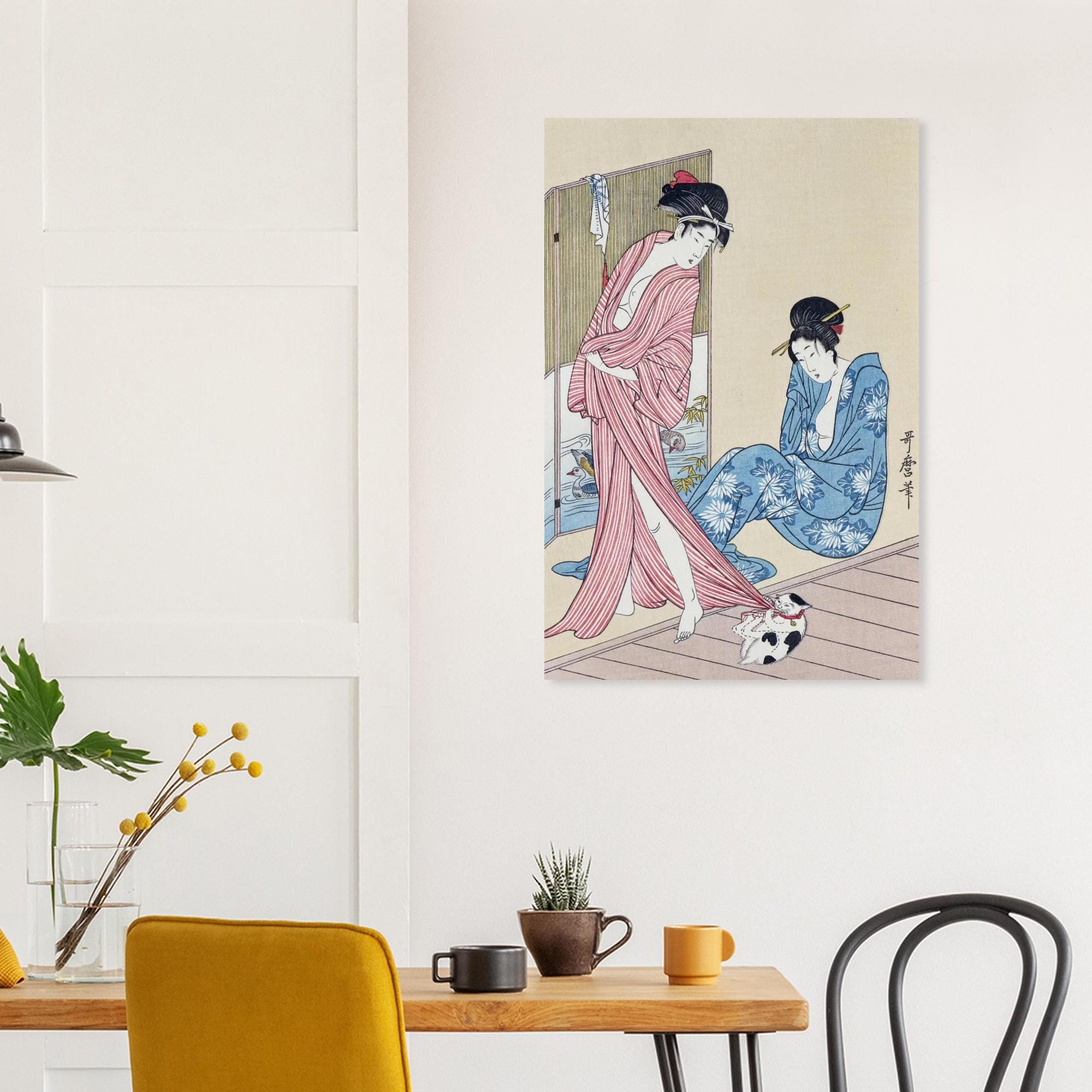 Majestic Japanese Woodblock Art Print Playful Cat Biting Kimono Kitagawa Utamaro Ukiyo e Masterpiece Poster Woodblock And Asian Art