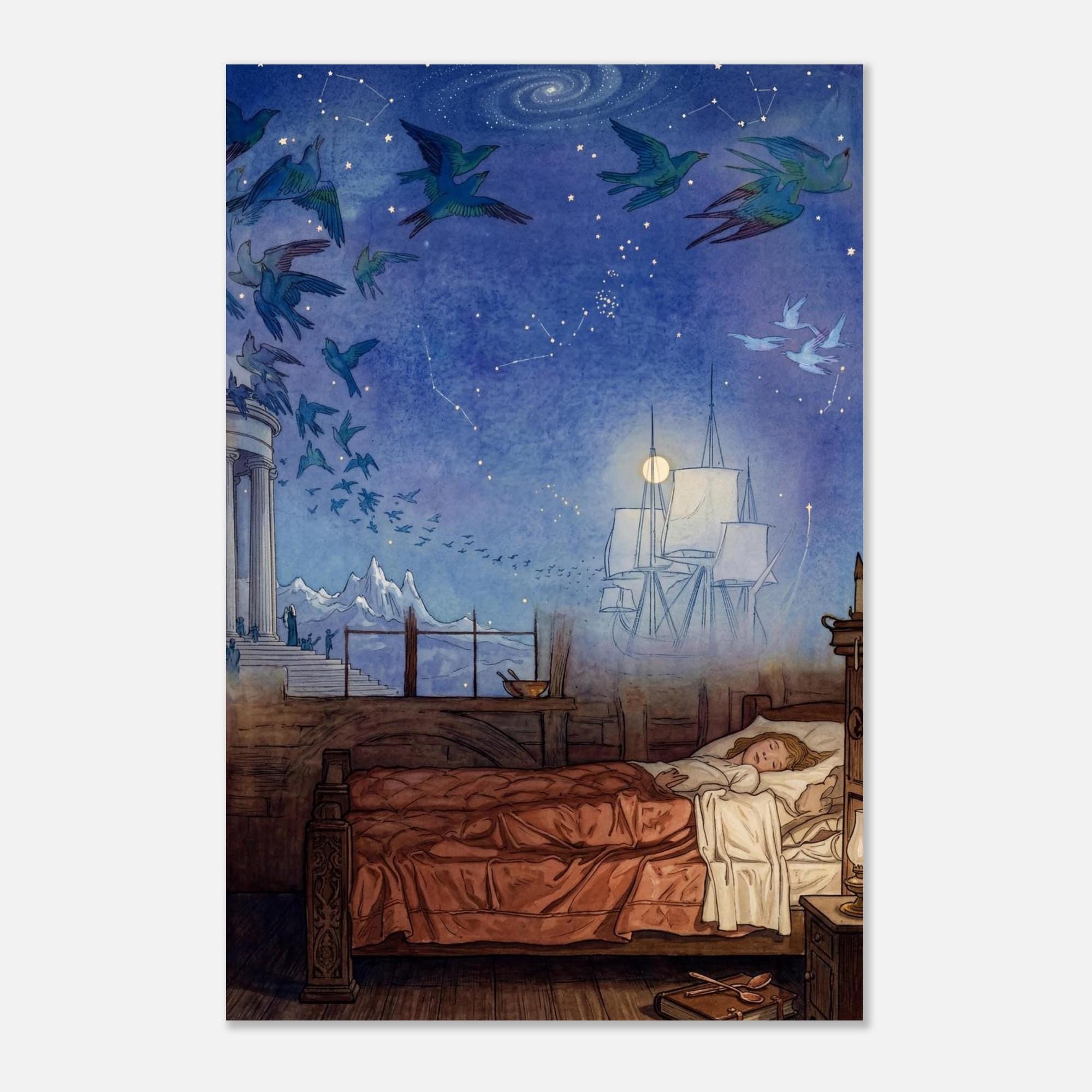 Frederick Cayley Robinson Blue Bird Dreamship Art Print Vintage Whimsical Fairy Tale Celestial Nursery Decor Art Nouveau & Vintage