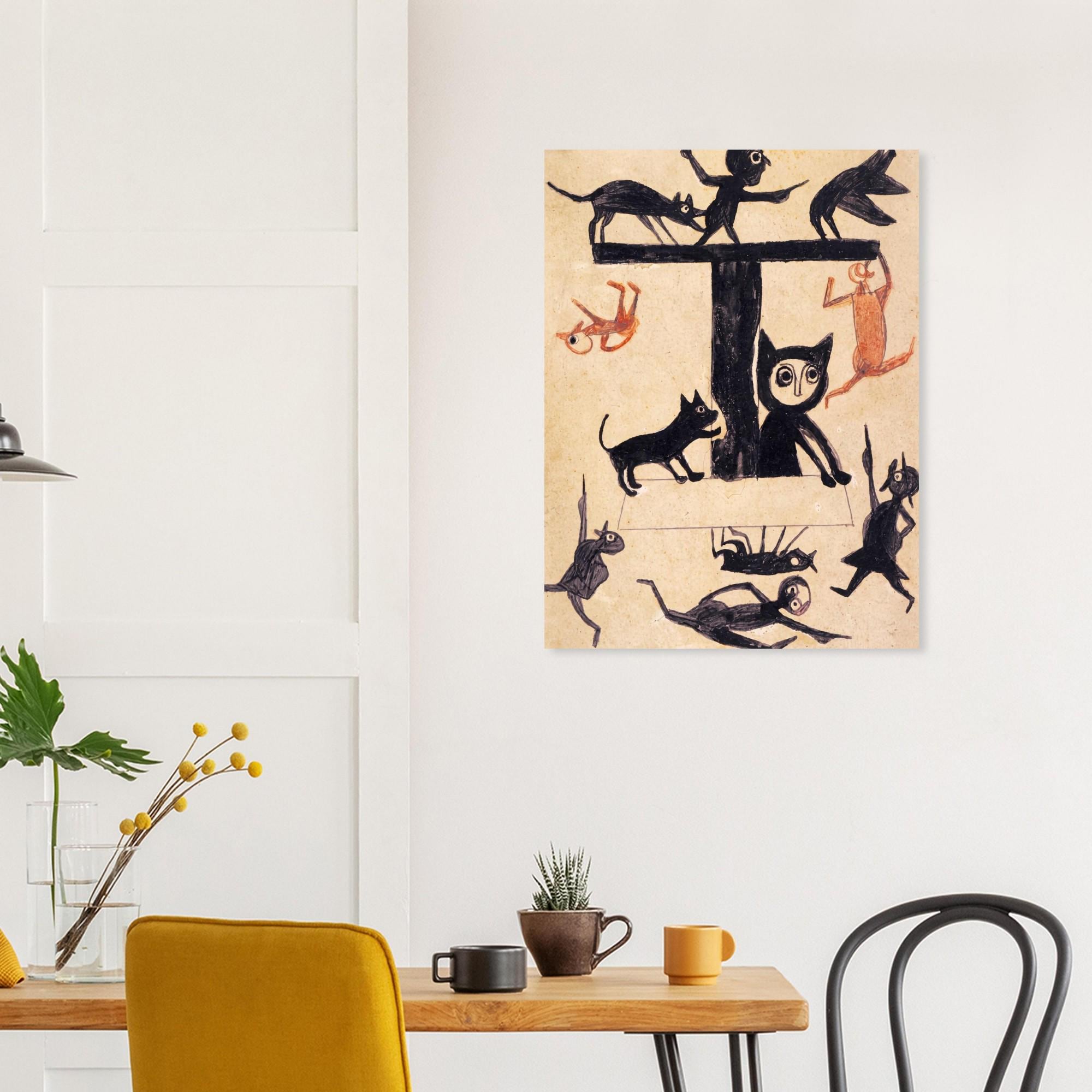 Bill Traylor Figures And Construction With Cat Folk Art Print Vintage Black Cat Outsider Wall Art Print Primitive And Outsider