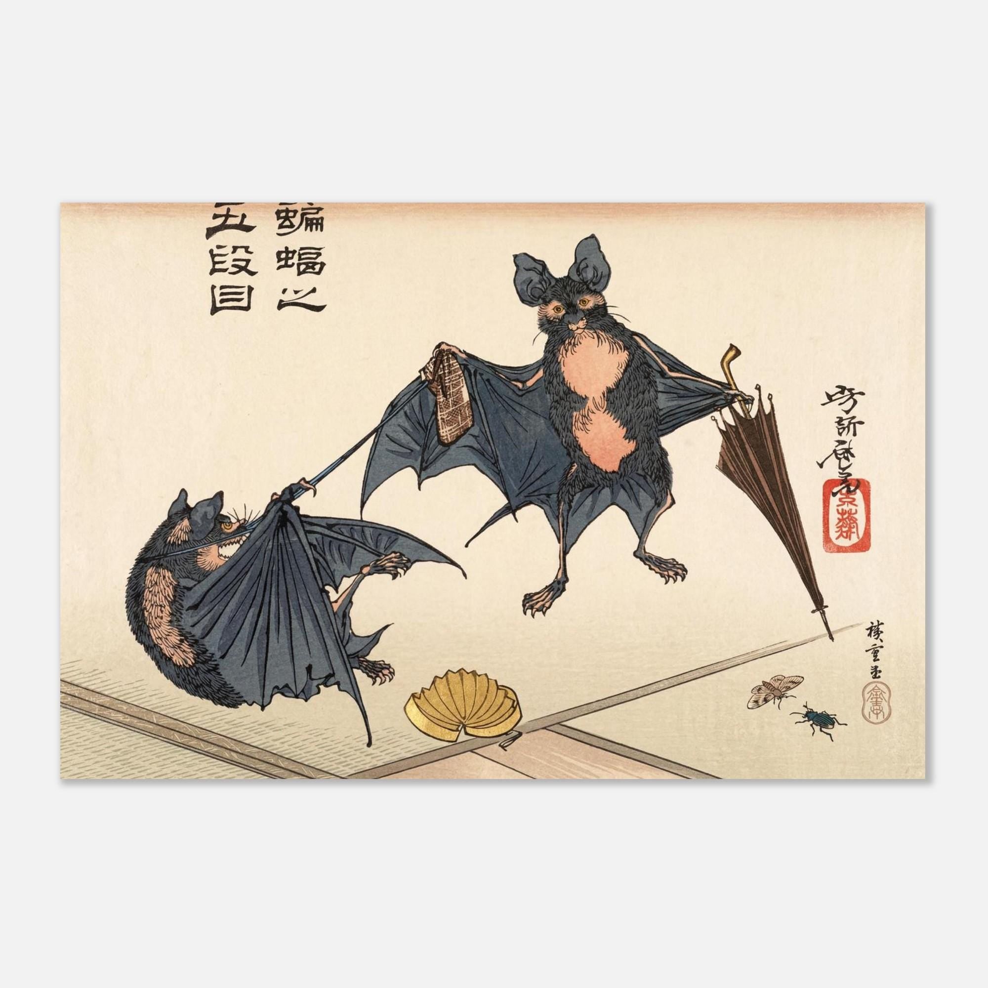 Vintage Japanese Bat Art Print Tsukioka Yoshitoshi Bats with Umbrella Woodblock Poster 1882 Antique Decor Woodblock & Asian Art