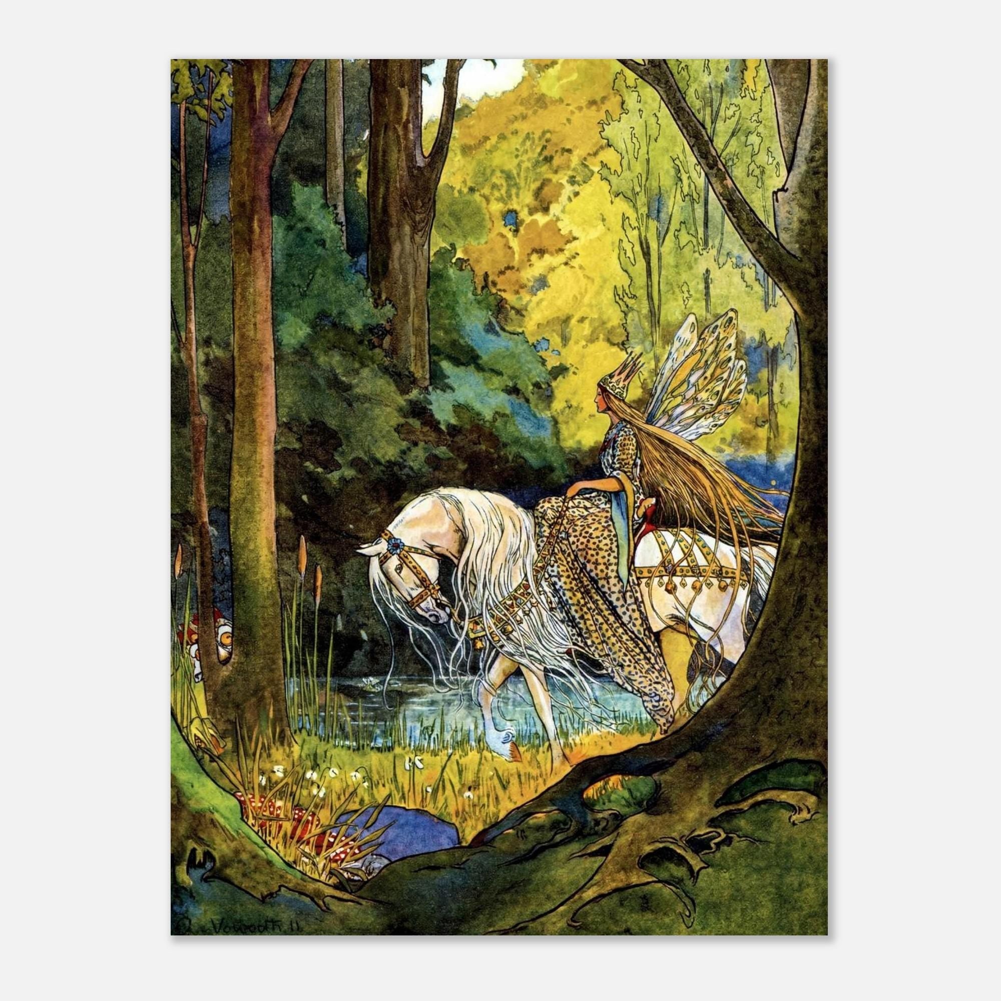 Vintage Fairy Queen White Horse Art Print Enchanted Forest Art Nouveau Fantasy Illustration Golden Hair Wall Decor Art Nouveau Vintage