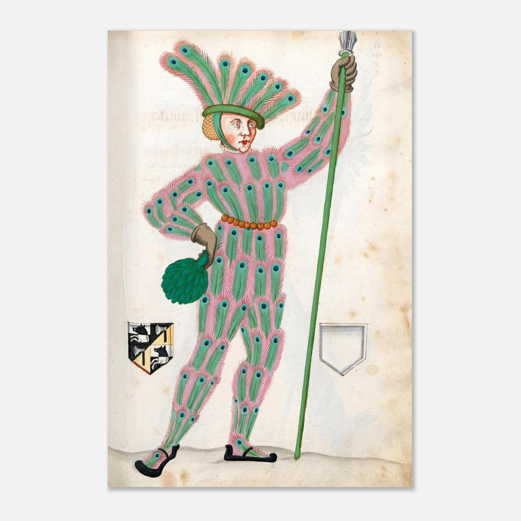 Medieval Peacock Man Wall Art Renaissance Manuscript Print Quirky Vintage Nuremberg Carnival Costume Eccentric Portraits & Figures