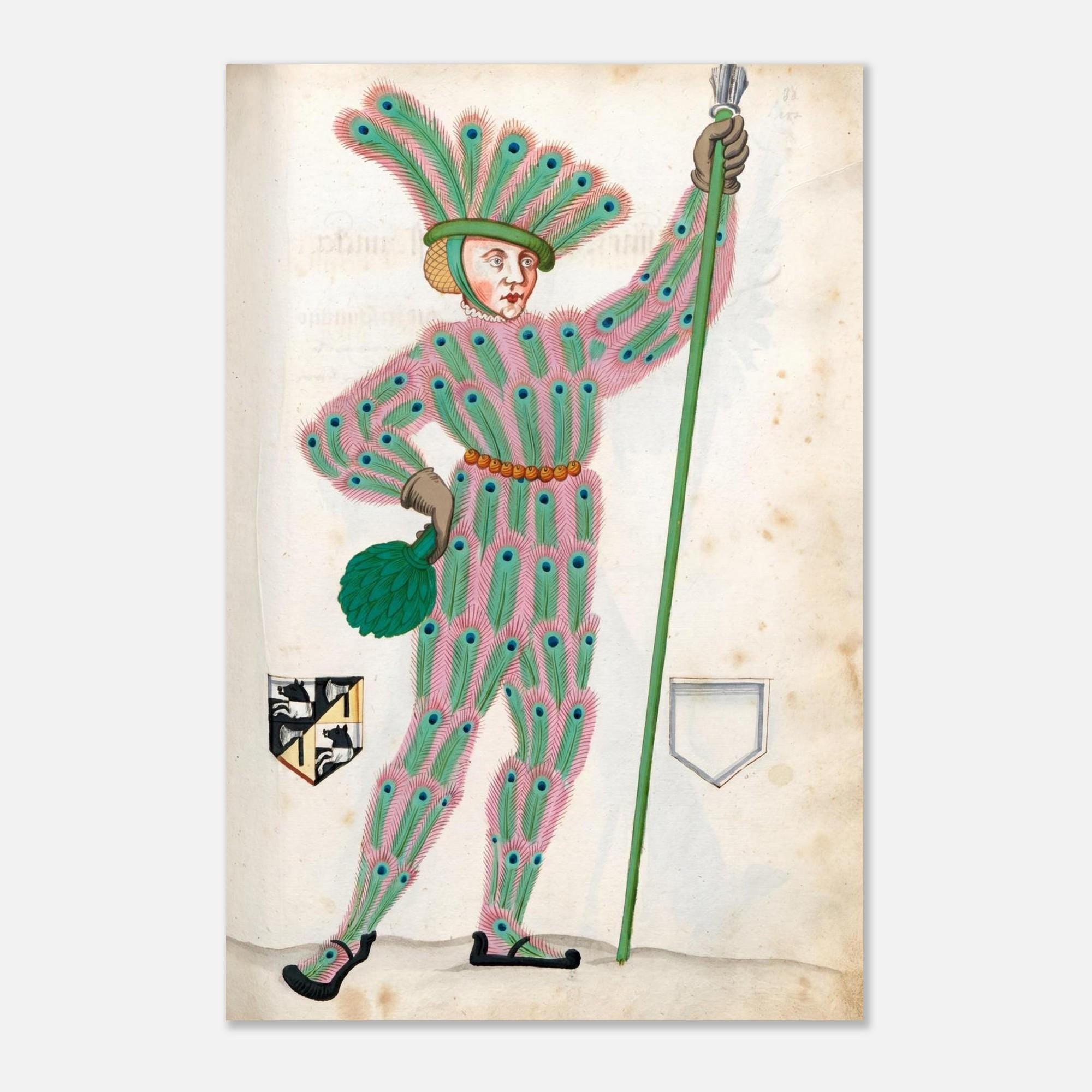 Medieval Peacock Man Wall Art Renaissance Manuscript Print Quirky Vintage Nuremberg Carnival Costume Eccentric Portraits & Figures