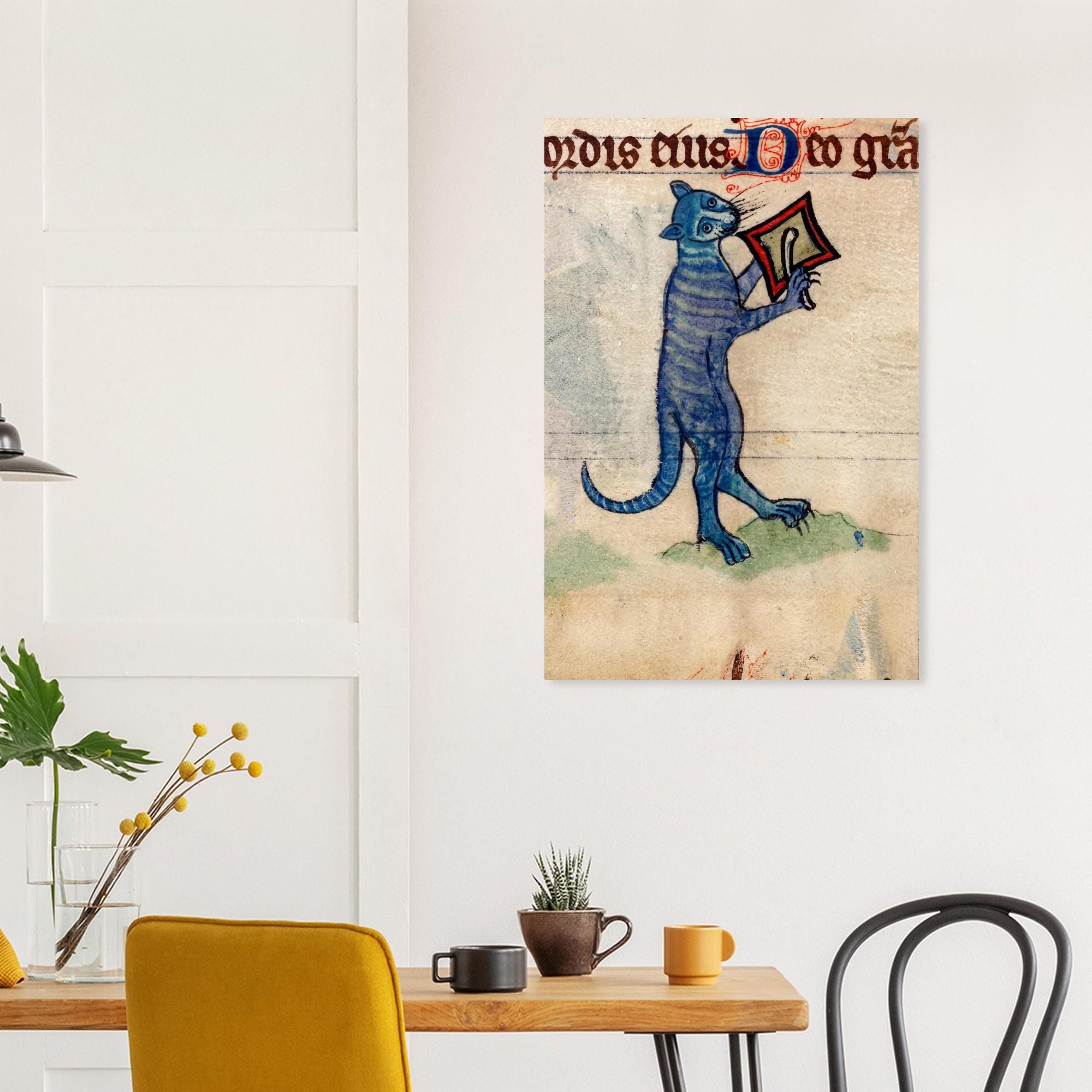 Weird Medieval Cat Art Print Blue Striped Cat Playing Organ Portative Organ Wall Art Vintage Illuminated Manuscript Animals and Creatures
