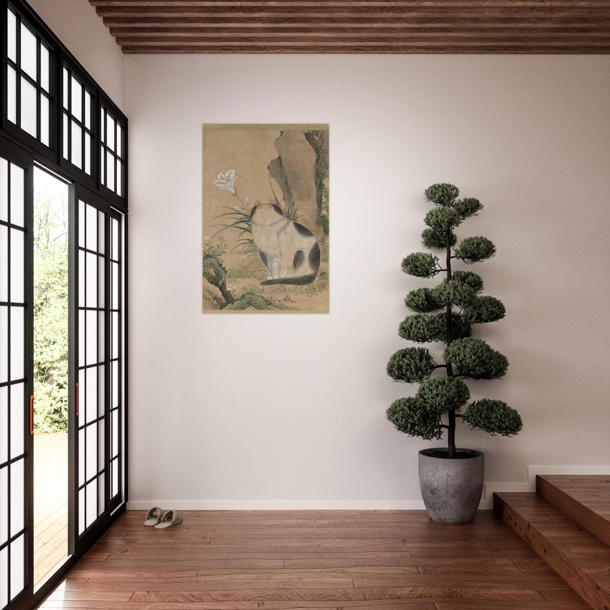 Vintage Korean Cat Art Print Derpy Joseon Dynasty Cat with White Lily Painting Antique Asian Wall Decor Poster Woodblock & Asian Art DYHlW