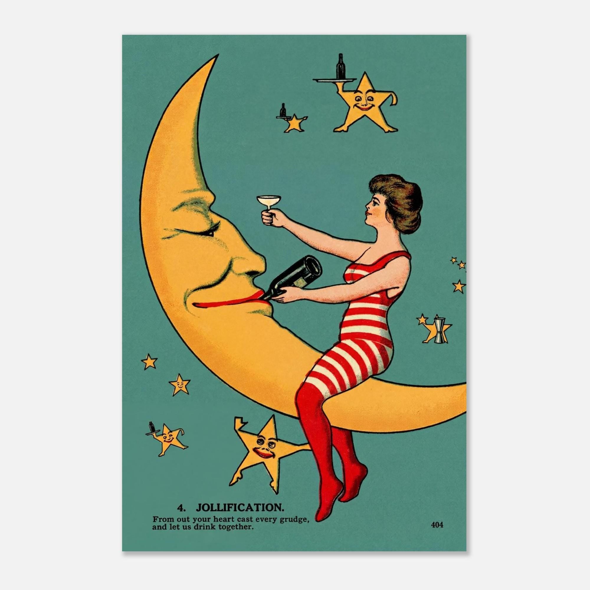 Vintage Moon Lady Art Print Anthropomorphic Crescent Moon Drinking Wine Whimsical Celestial Wall Decor Art Nouveau & Vintage 48f22