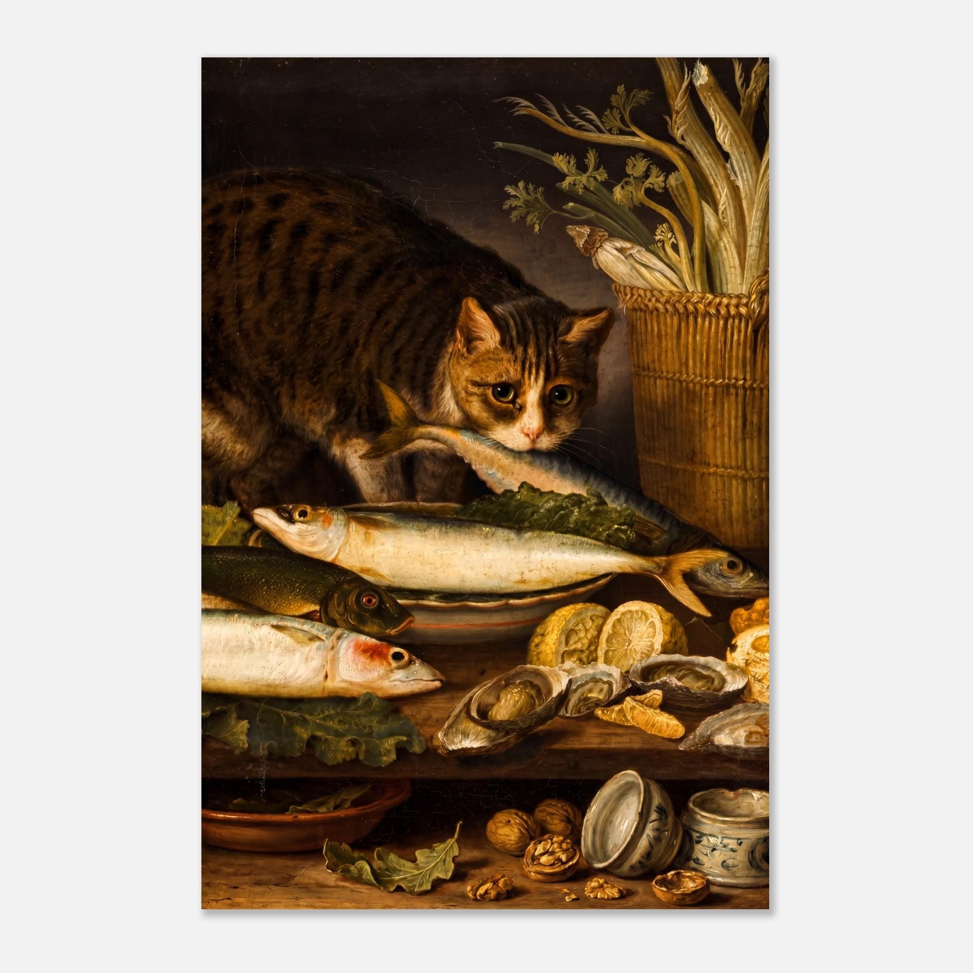 Moody Cat Stealing Fish Still Life Art Print Clara Peeters Antique Kitchen Decor Vintage Animal Painting Dark Academia Moody