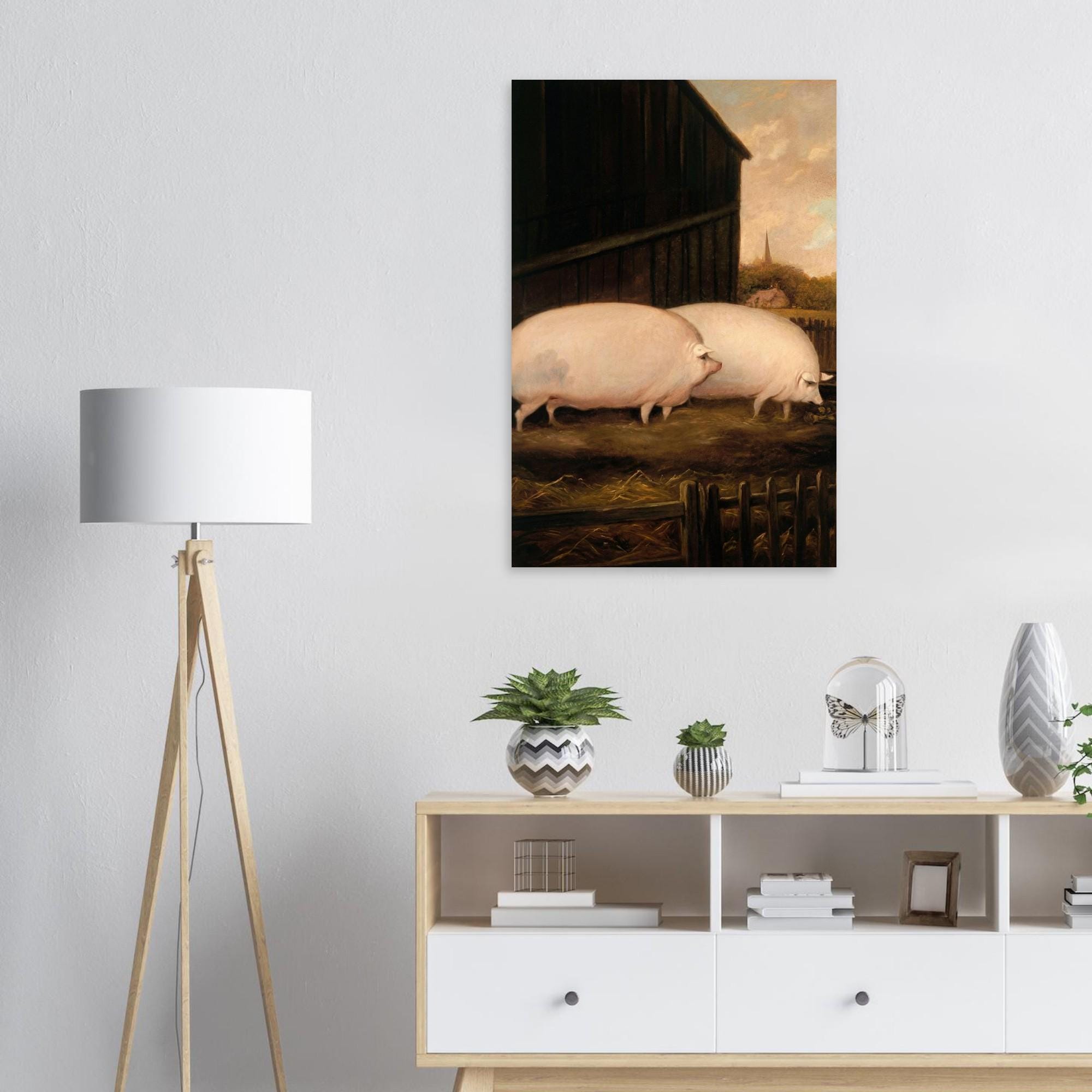 British Folk Art Pig Painting | Moody Farmhouse Wall Art | Antique English School Art Print | Chonky Prize Pig Kitchen Wall Decor