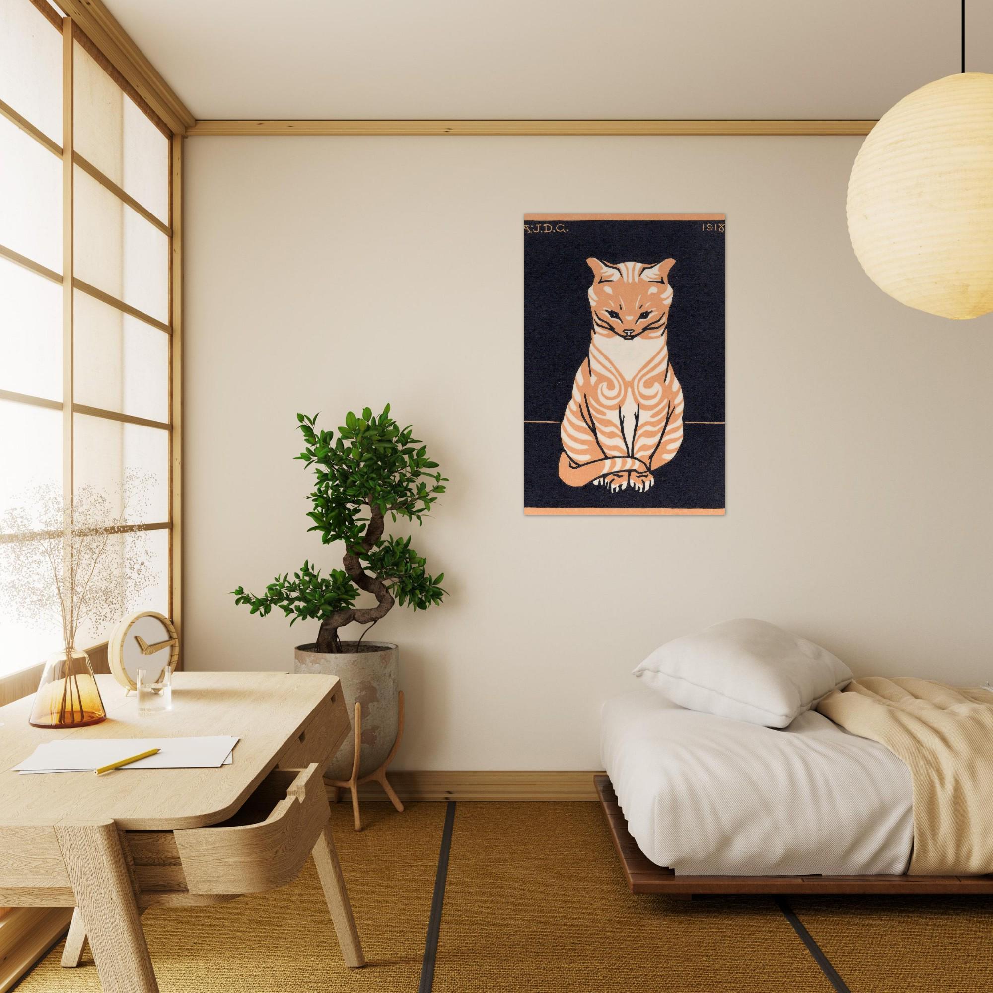 Julie de Graag Sitting Cat 1918 Vintage Woodcut Art Print Orange Tabby Feline Woodblock Poster Retro Wall Art Animals Creatures