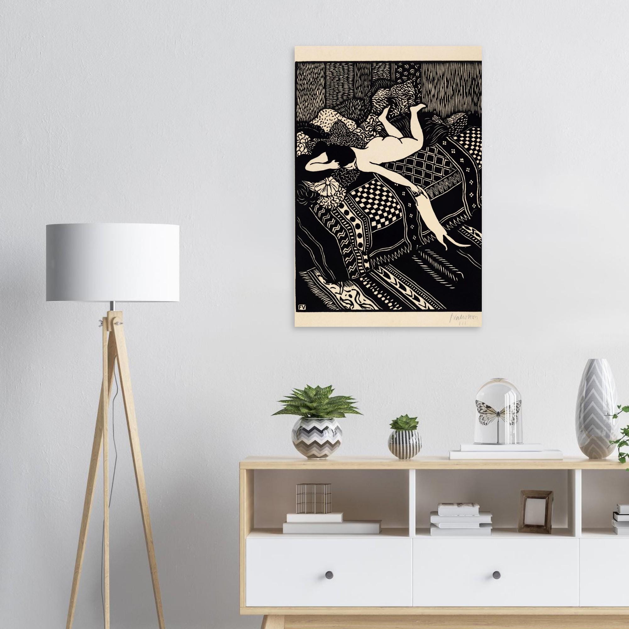 Felix Vallotton La Paresse Art Print | Vintage Woodcut Wall Art | Minimalist Black and White Poster | French Cat Lady Room Decor