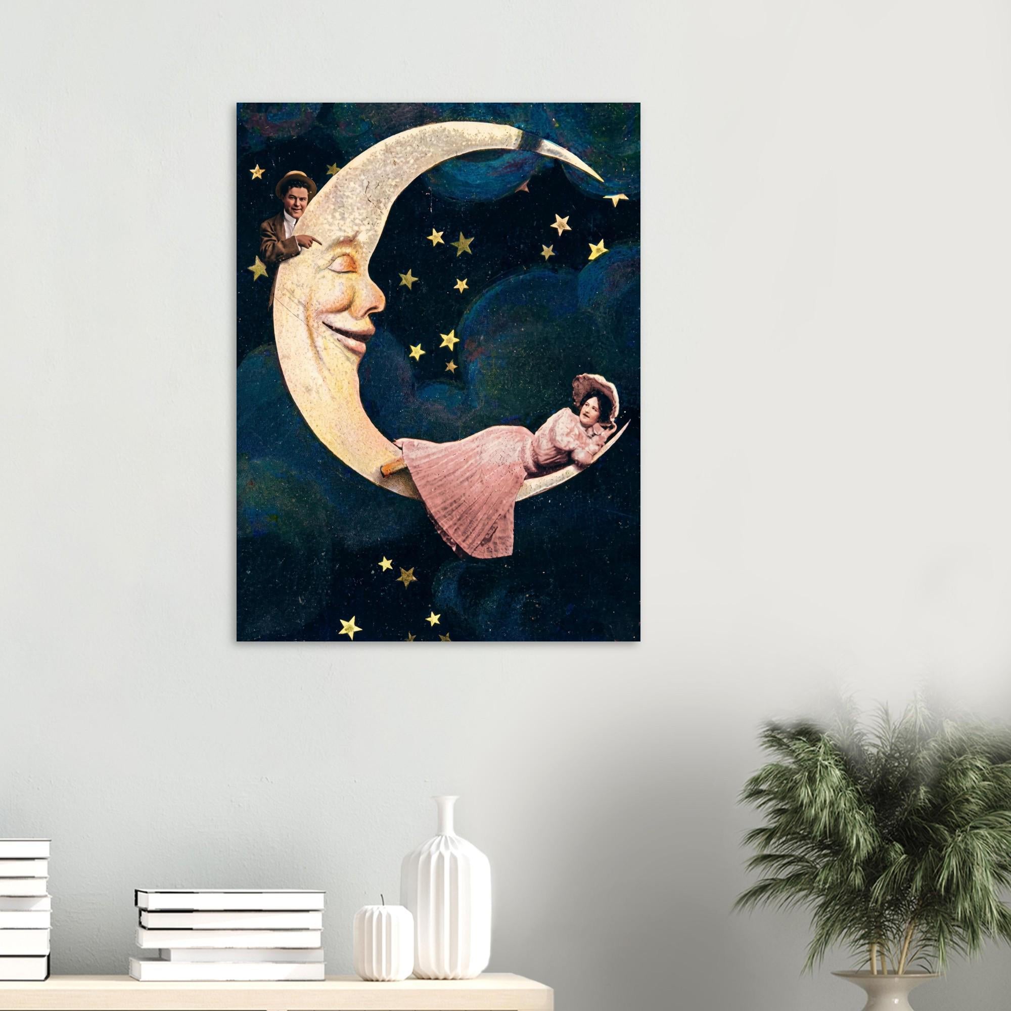 Vintage Moon Art Print Antique Celestial Wall Decor Victorian Man In The Moon Poster Art Nouveau Vintage Romance Crescent Moon