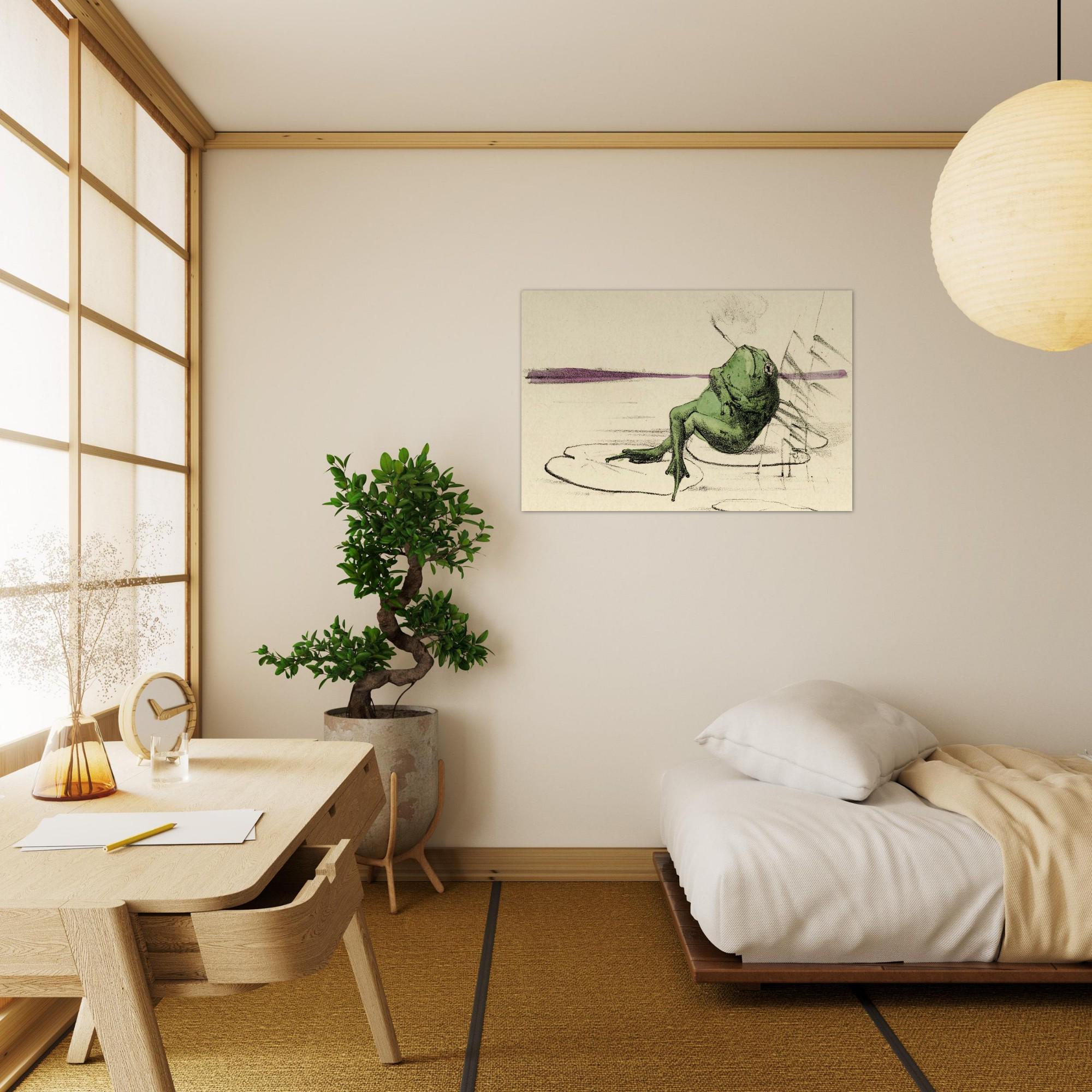 Vintage Smoking Frog Art Print Whimsical Green Frog on Lily Pad Illustration Moody Animal Wall Decor Art Nouveau Vintage