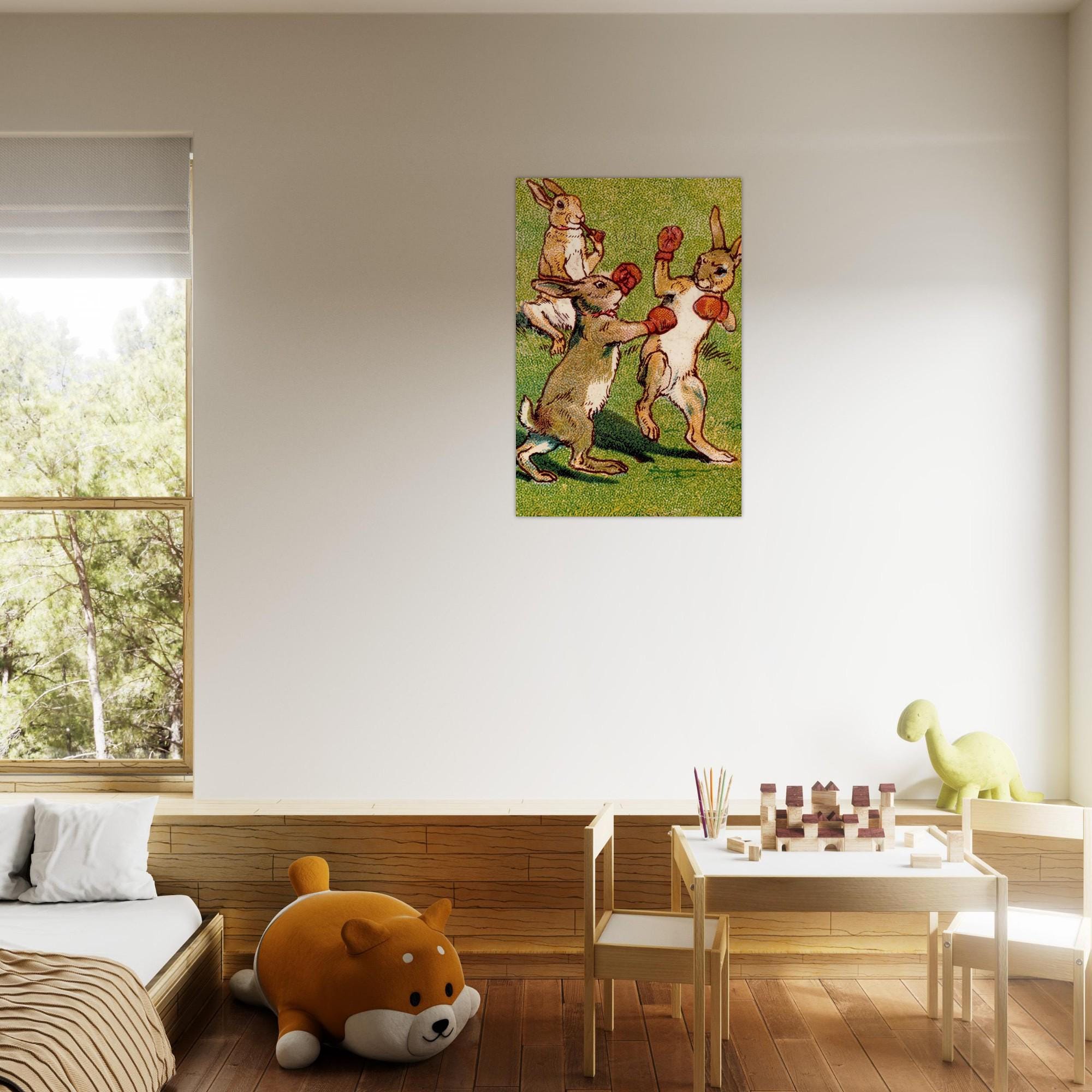 Vintage Boxing Rabbits Art Print Whimsical Retro Bunny Wall Decor Quirky Anthropomorphic Hare Sports Art Animals & Creatures