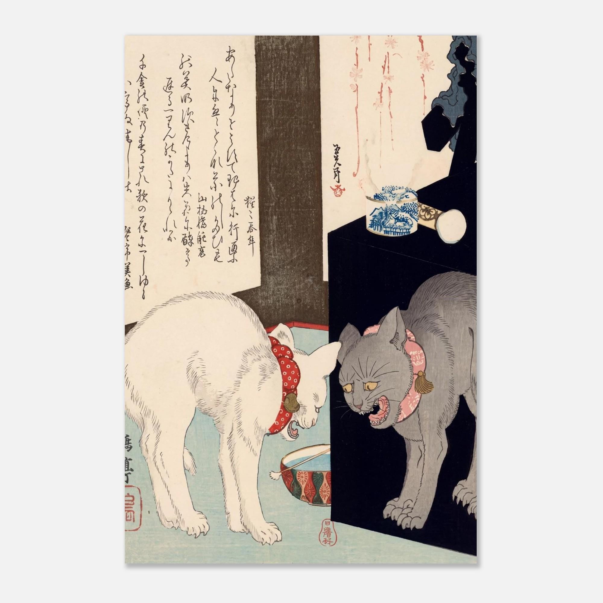 Two Cats Japanese Woodblock Print Vintage Ukiyo e Feline Art Antique Edo Period Surimono Wall Decor Woodblock Asian Art