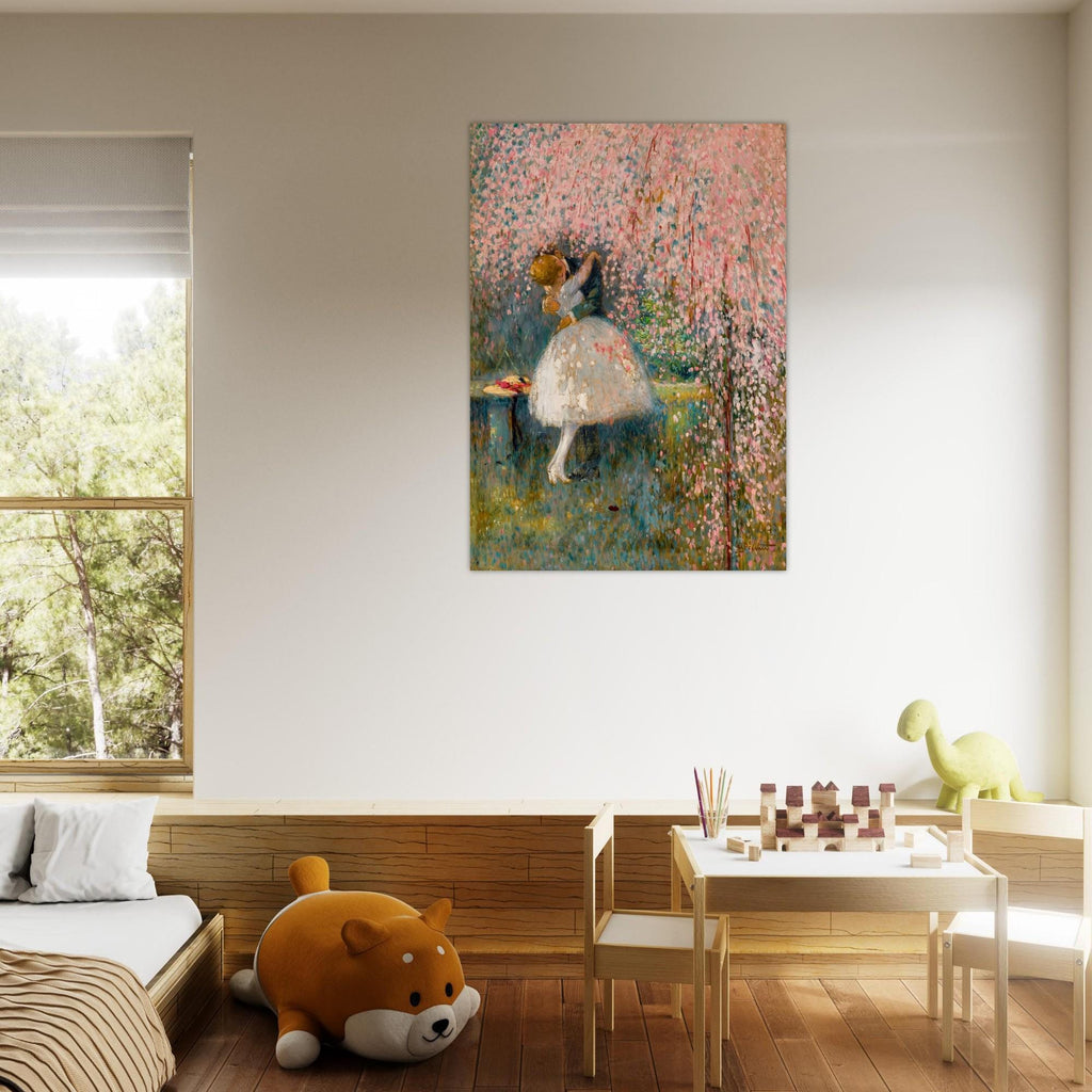 Romantic Couple Kissing Pink Cherry Blossom Tree French Pointillism Art Print Vintage Wedding Anniversary Impressionist Masters