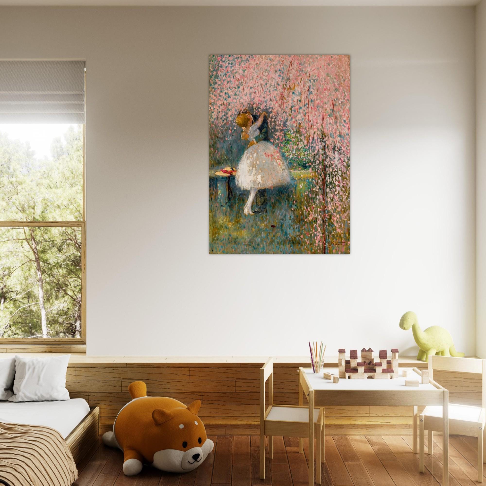 Romantic Couple Kissing Pink Cherry Blossom Tree French Pointillism Art Print Vintage Wedding Anniversary Impressionist Masters