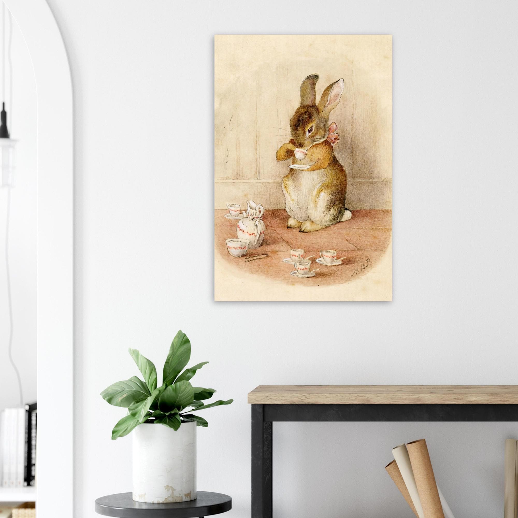 Vintage Rabbit Tea Party Art Print | Whimsical Storybook Wall Decor | Antique Nursery Bunny Illustration | Cottagecore Room Art