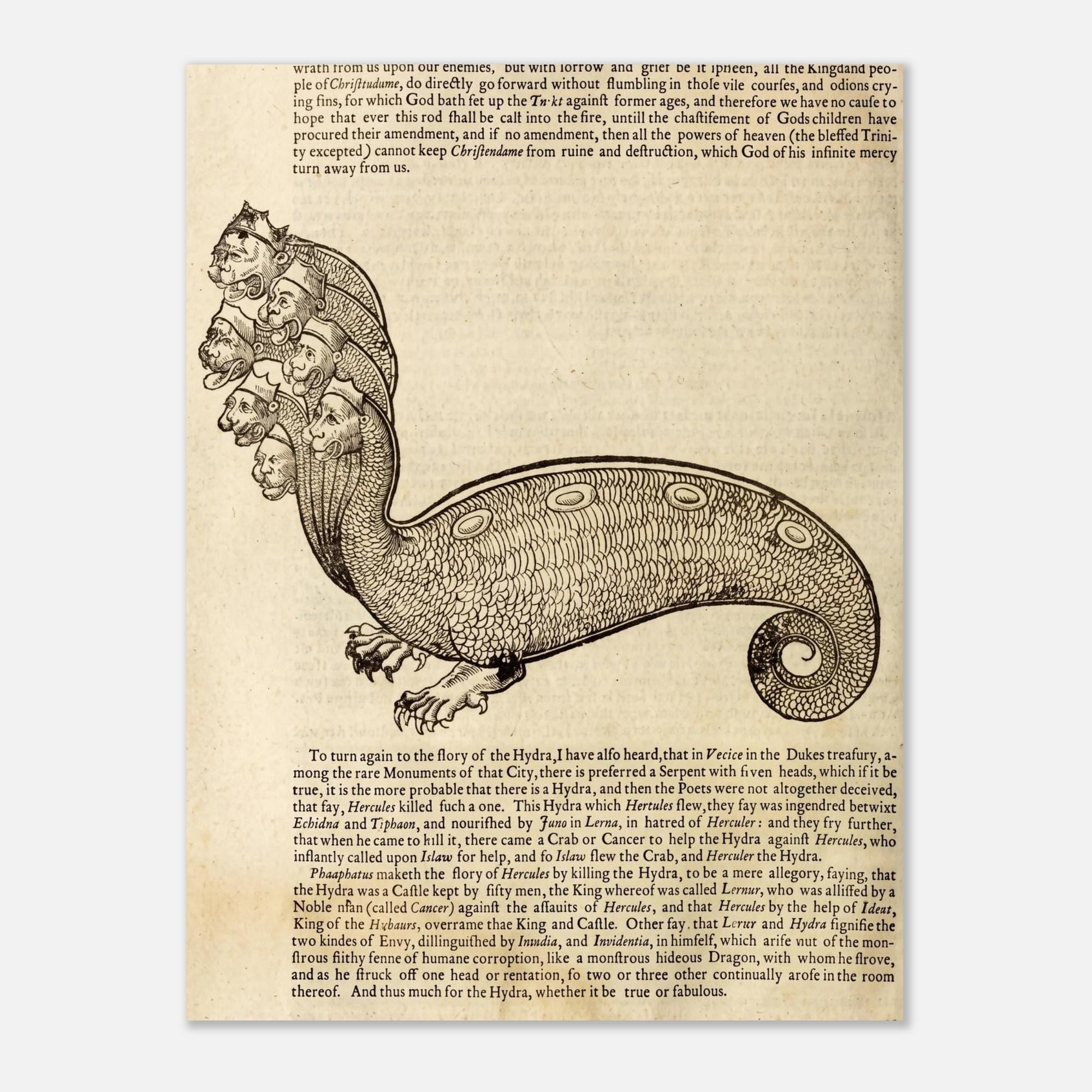 Vintage Hydra Illustration Print Medieval Bestiary Woodcut Poster Antique Greek Mythology Wall Art Monster Decor Myth And Symbolism