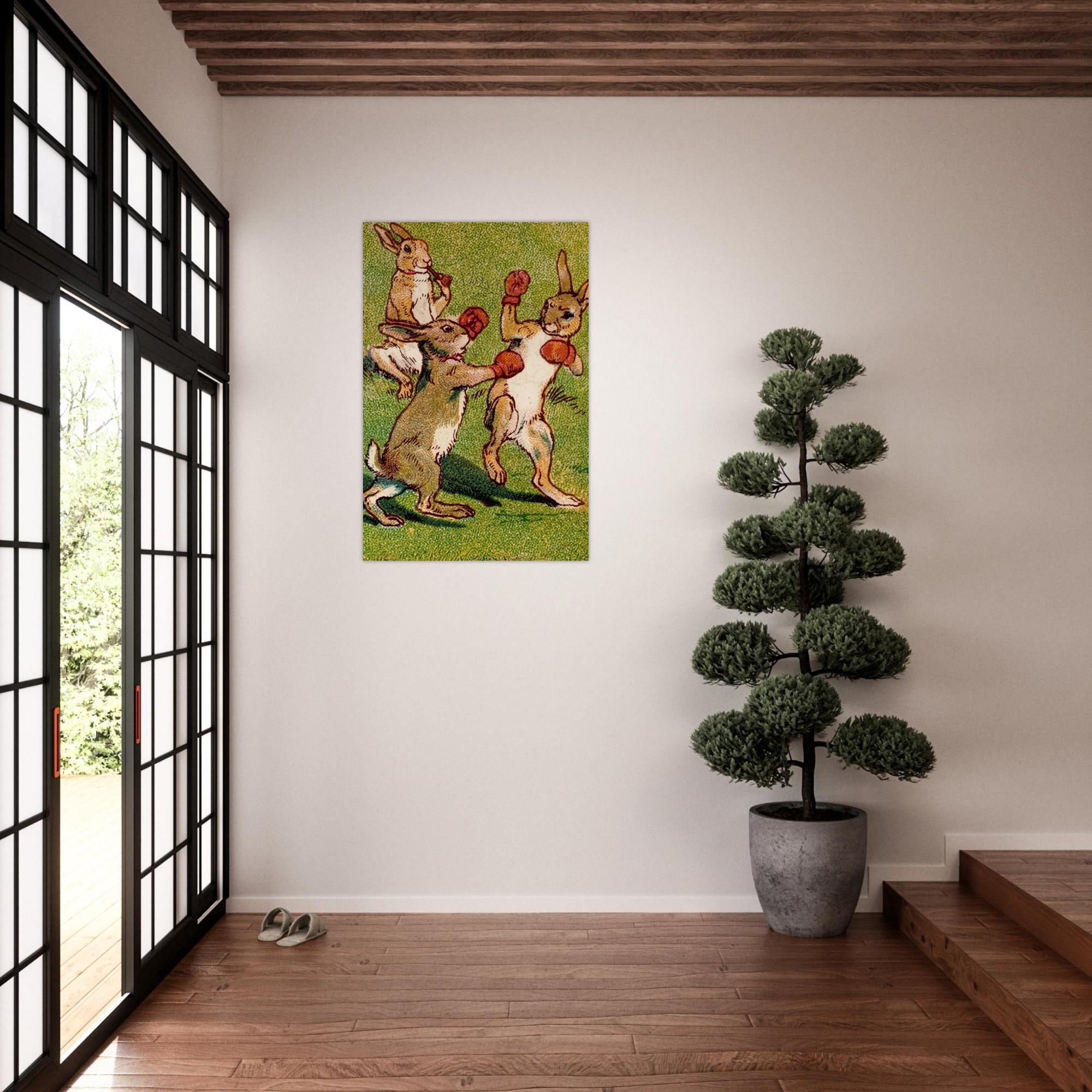 Vintage Boxing Rabbits Art Print Whimsical Retro Bunny Wall Decor Quirky Anthropomorphic Hare Sports Art Animals & Creatures