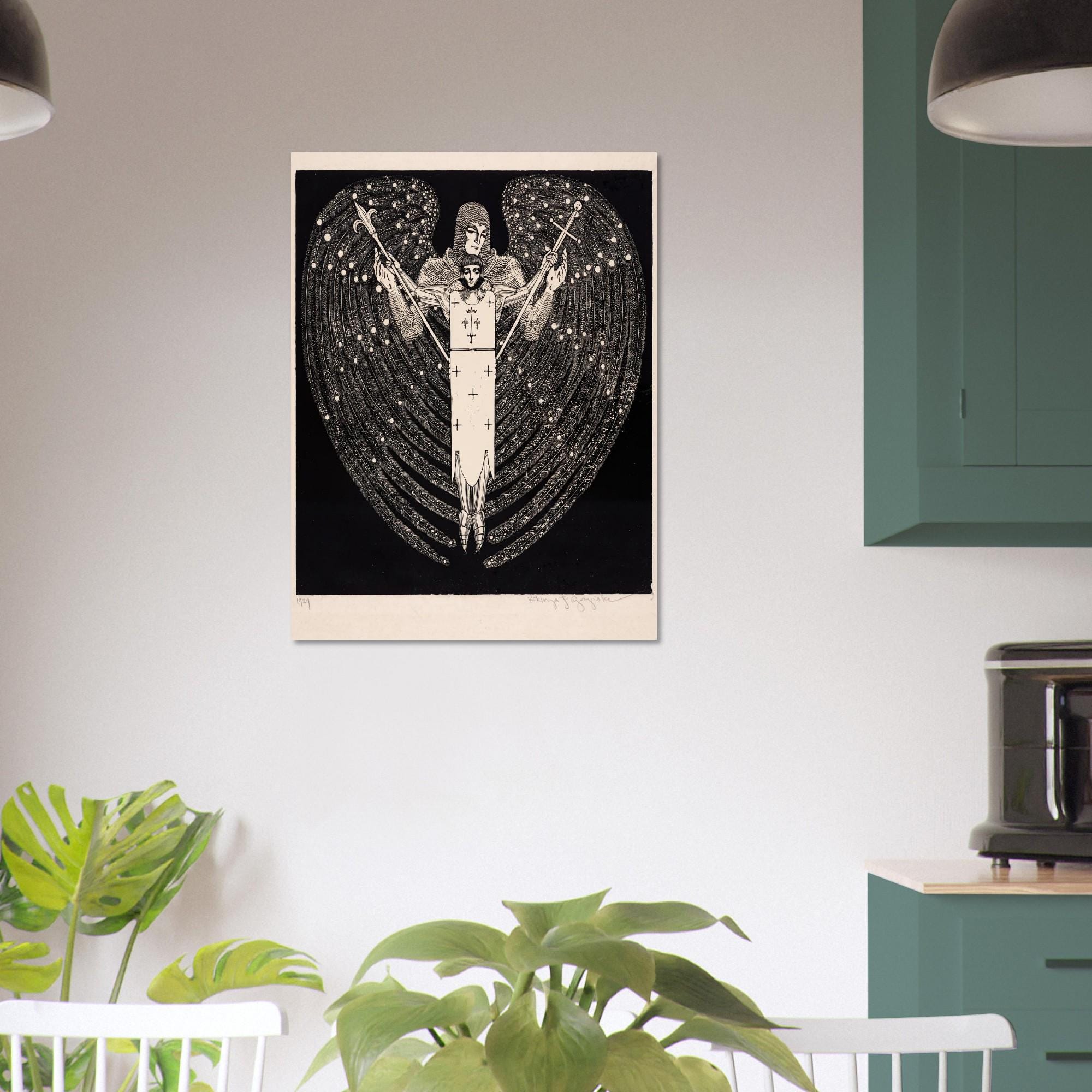 Vintage Archangel Woodcut Print Gothic Angel Wall Art Antique Polish Black and White Celestial Knight Sacred Medieval Icons