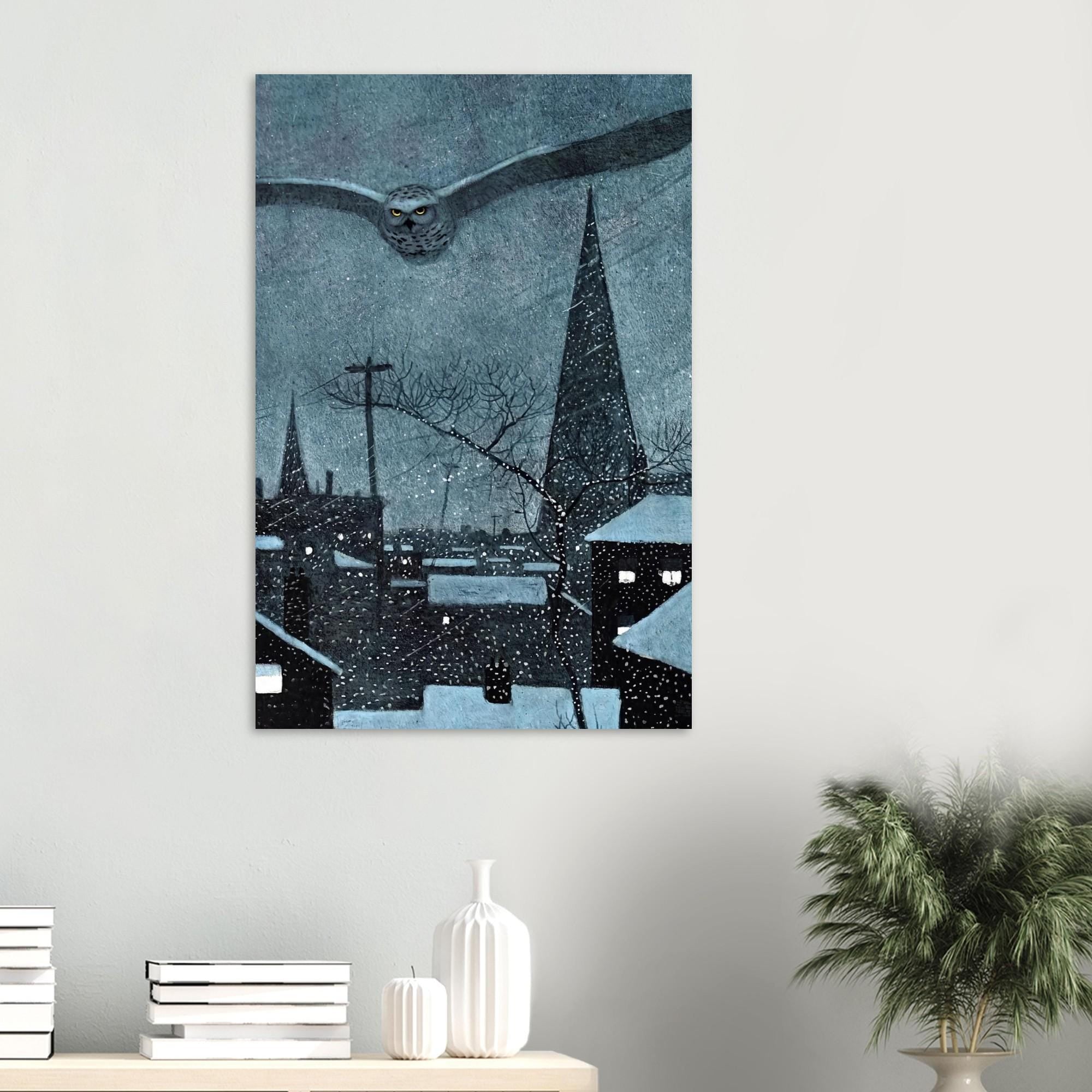 Moody Snowy Owl Wall Art Dark Academia Vintage Winter Night Painting Antique Bird Decor Snowy Village Dark Academia Moody