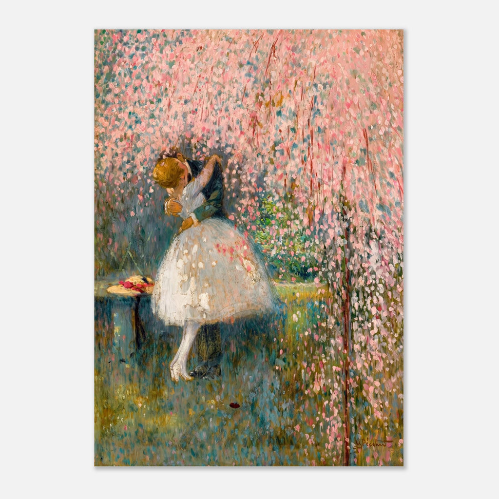 Romantic Couple Kissing Pink Cherry Blossom Tree French Pointillism Art Print Vintage Wedding Anniversary Impressionist Masters