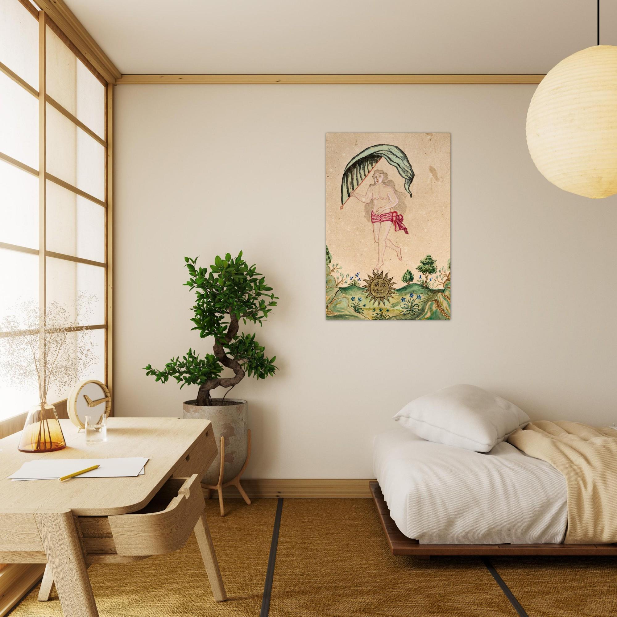 Antique Folk Art Print Woman with Sun Face and Leaf Umbrella Vintage Naive Watercolor Painting Celestial Wall Art Folk Naive Art
