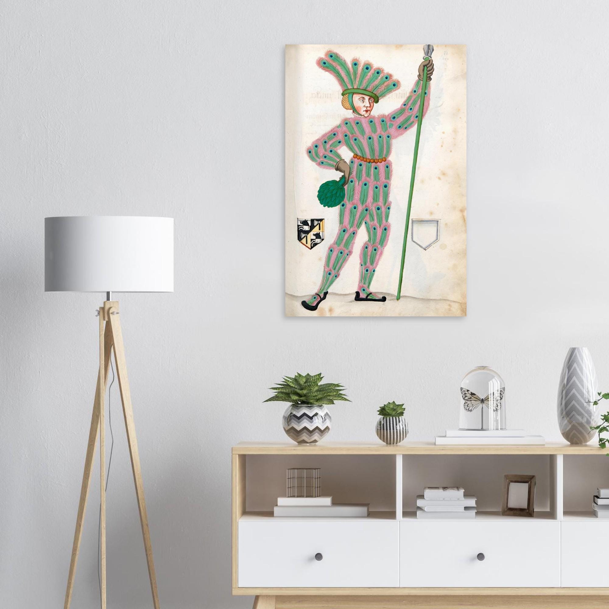 Medieval Peacock Man Wall Art Renaissance Manuscript Print Quirky Vintage Nuremberg Carnival Costume Eccentric Portraits & Figures