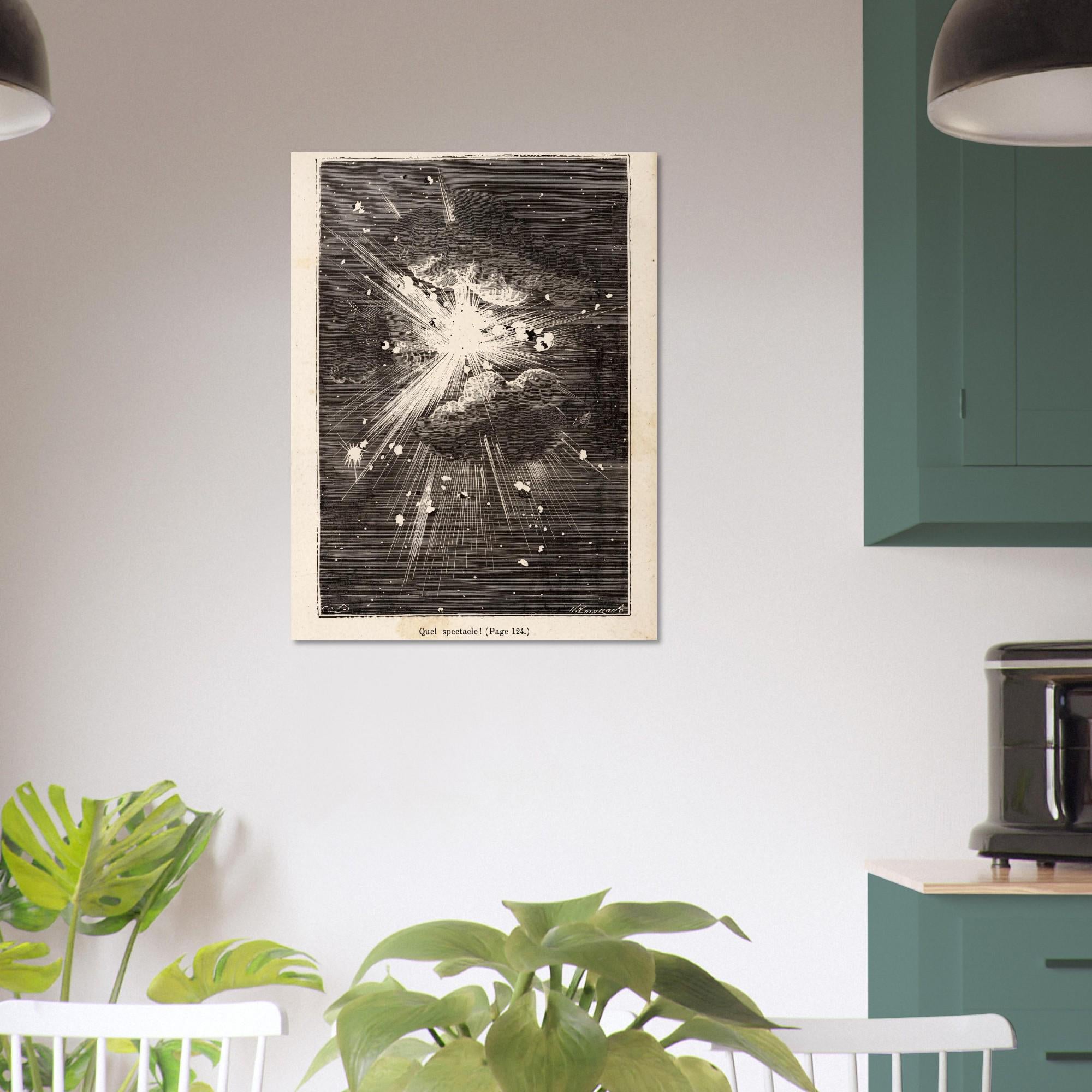 Vintage Jules Verne Space Explosion Print Antique Astronomy Woodcut Poster Sci Fi Outer Space Engraving Dark Academia Moody